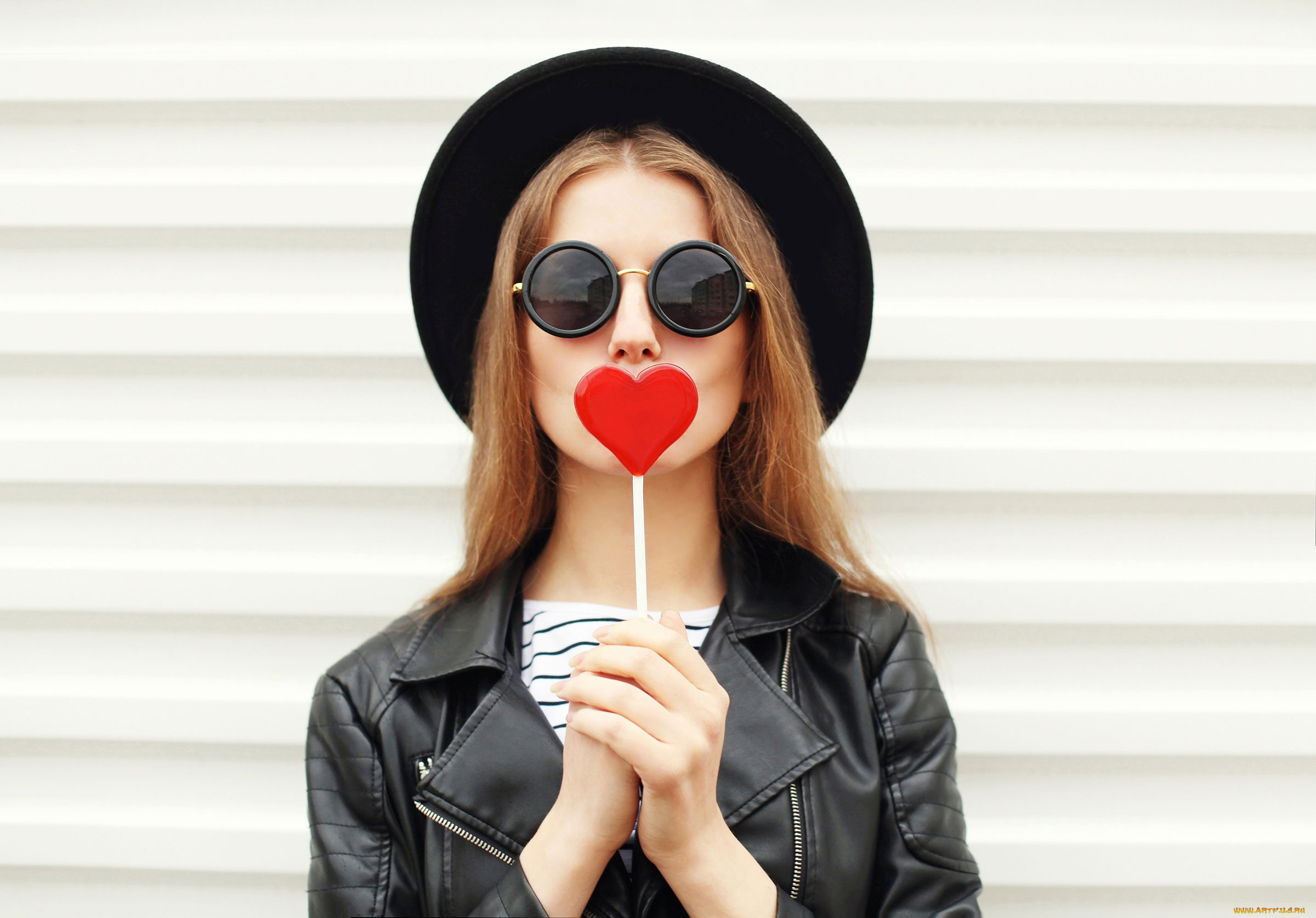 девушки, -, рыжеволосые, и, разноцветные, шляпа, очки, рыженькая, леденец