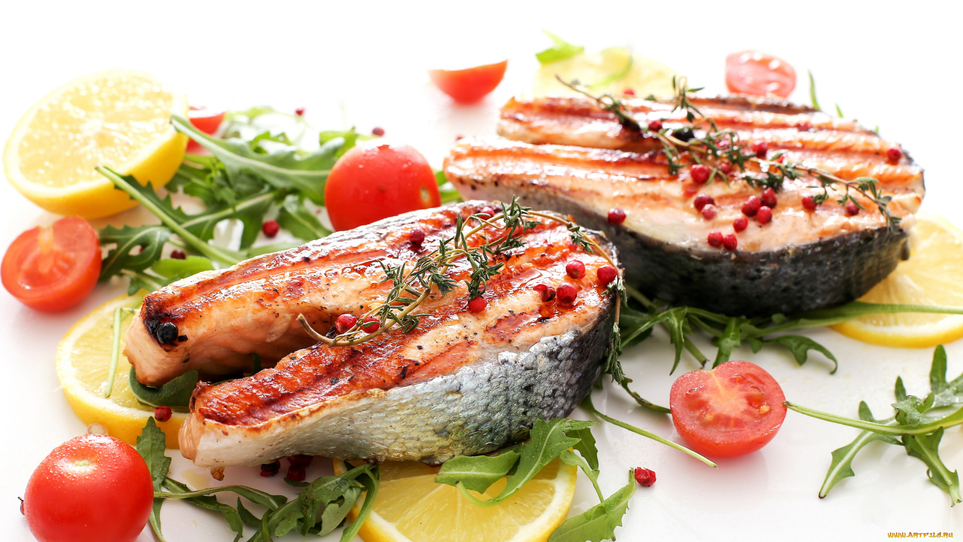 еда, рыбные, блюда, , с, морепродуктами, форель, лимон, помидор