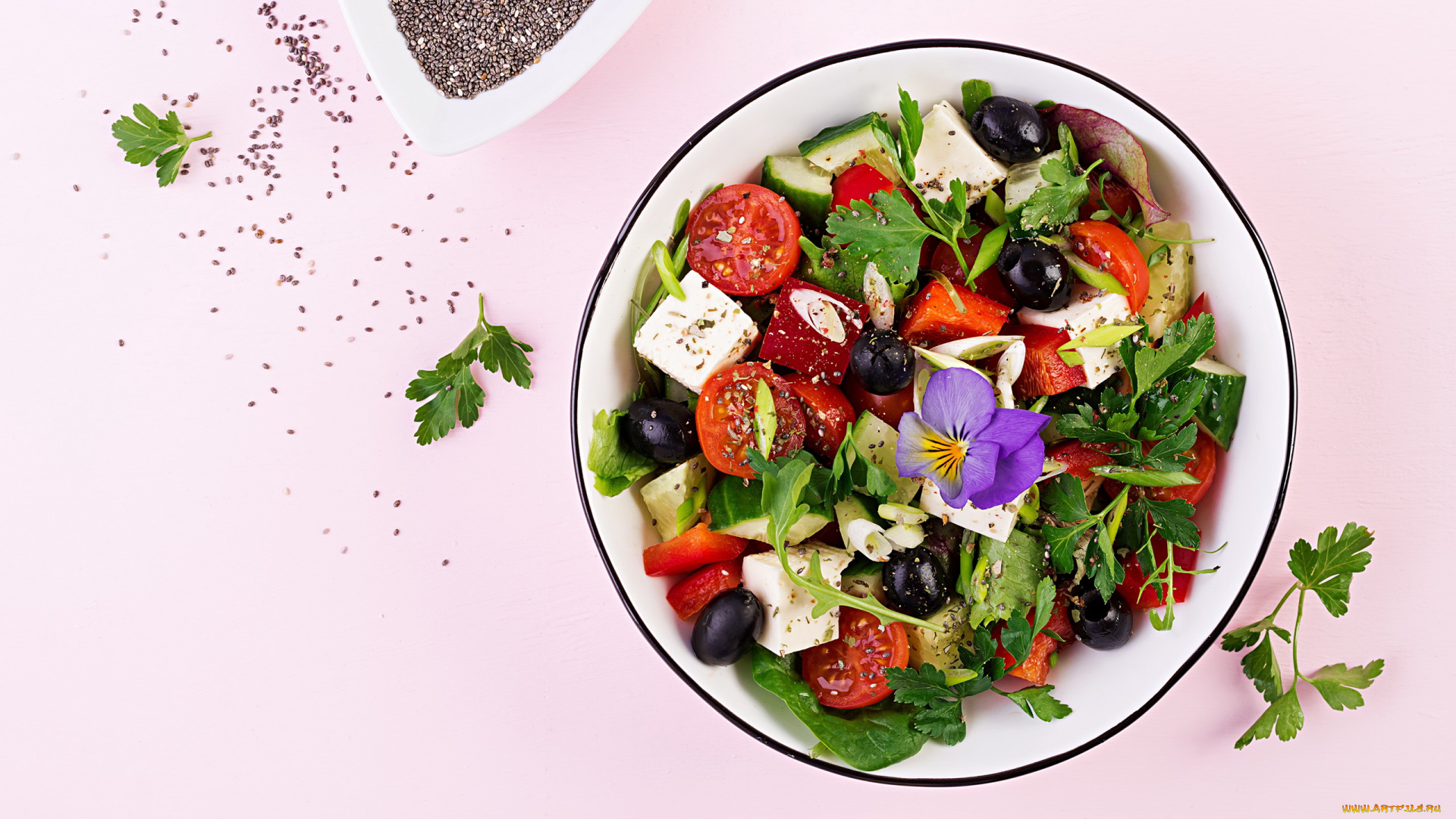 еда, салаты, , закуски, овощной, салат, помидоры, сыр, маслины, зелень