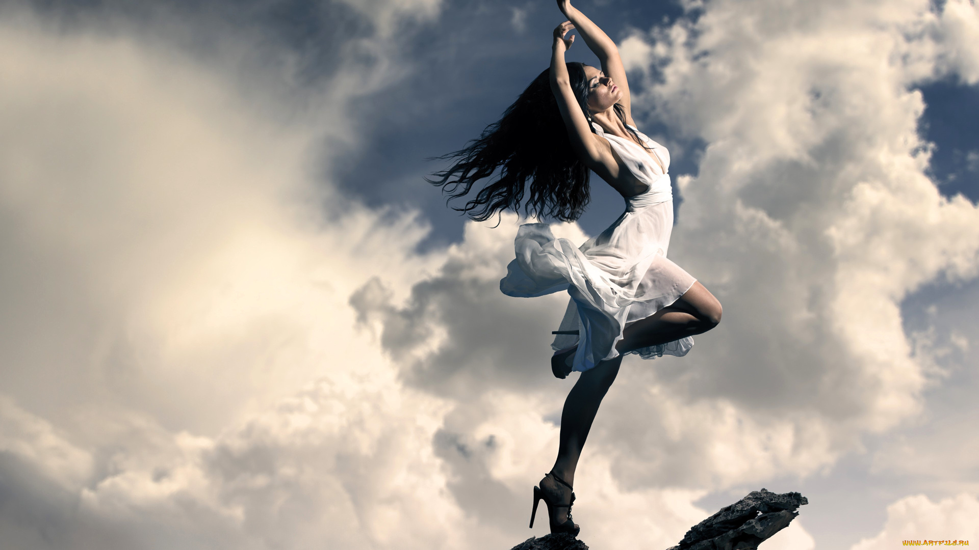 девушки, -, брюнетки, , шатенки, брюнетка, платье, каблуки, облака, небо