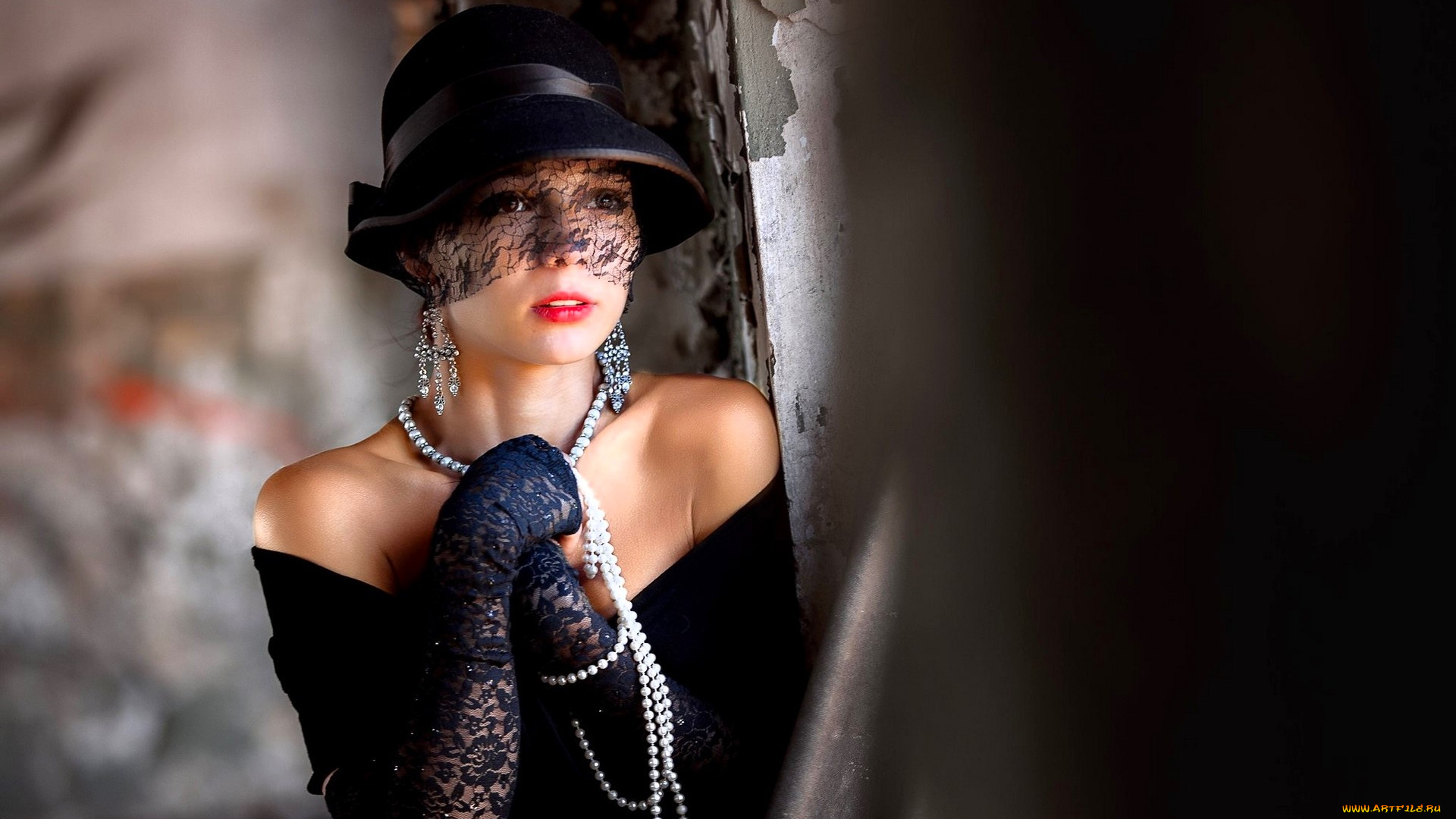 девушки, -, лица, , портреты, дама, шляпа, вуаль, украшения