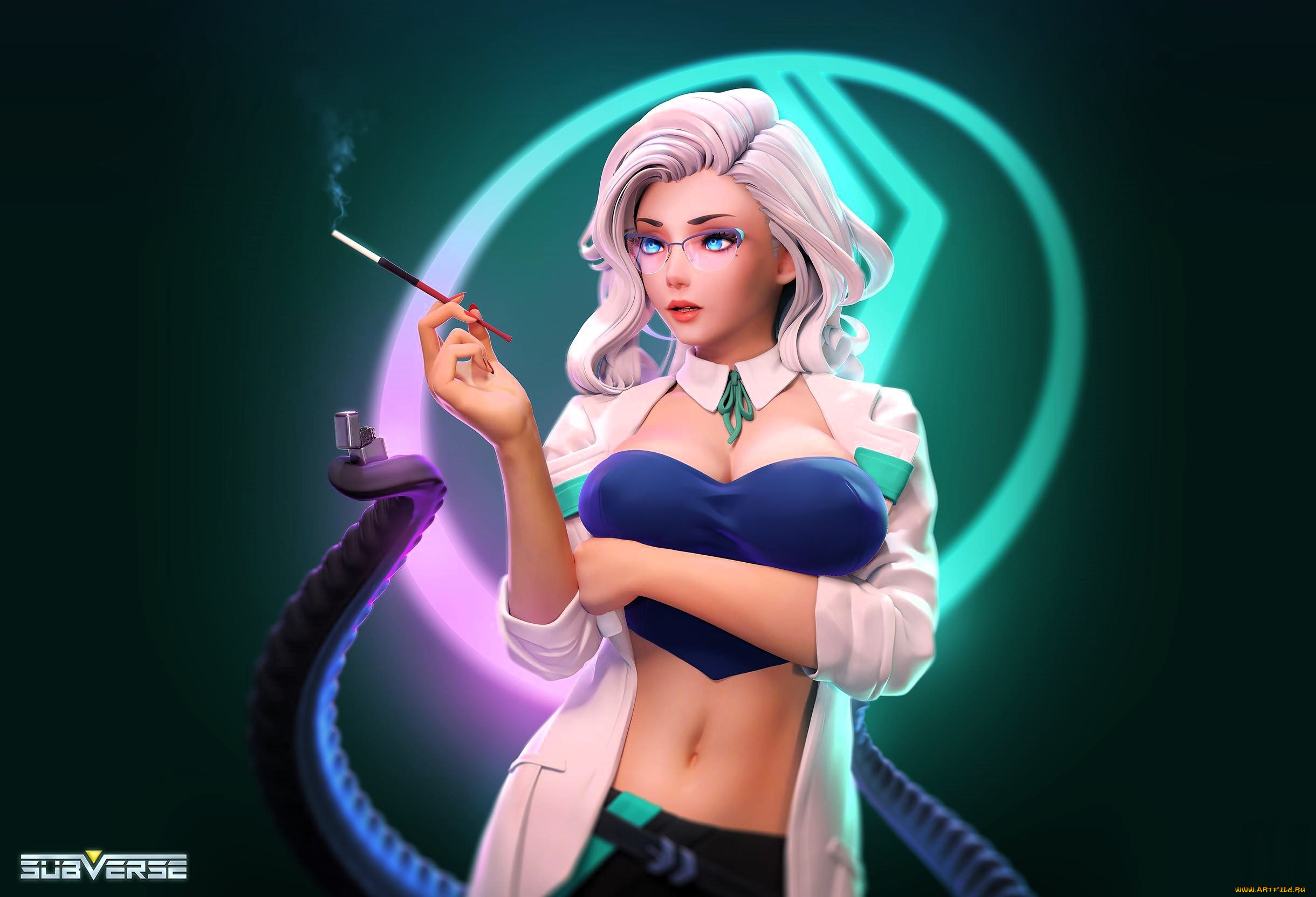 subverse, видео, игры, девушка, щупальца, зажигалка, сигарета