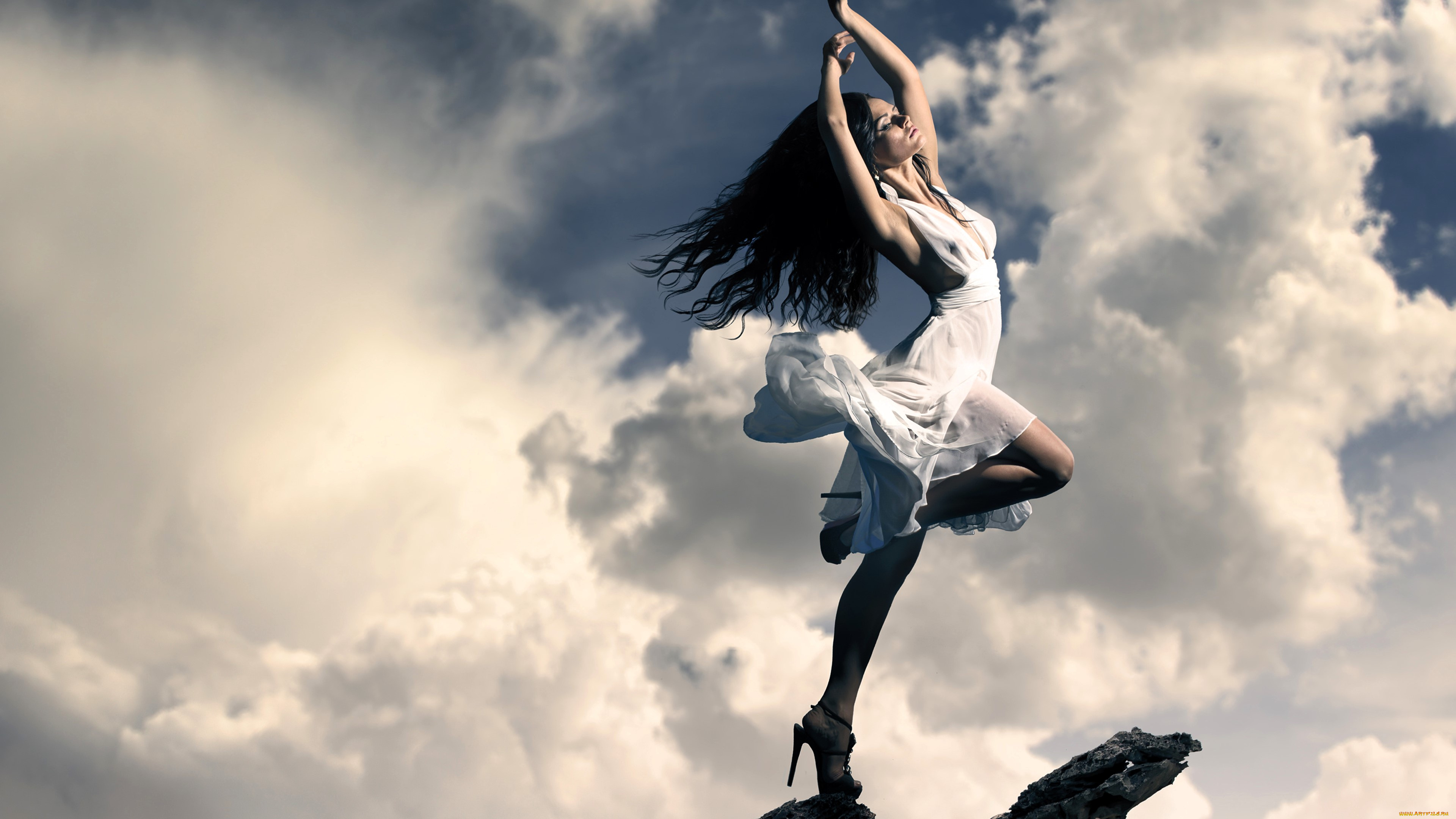 девушки, -, брюнетки, , шатенки, брюнетка, платье, каблуки, облака, небо