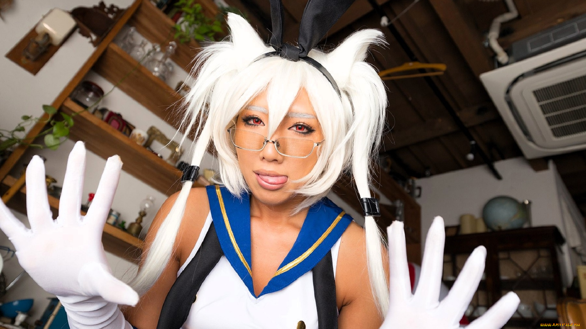 девушки, nonsummerjack, образ, косплей, наряд, полки, очки, перчатки