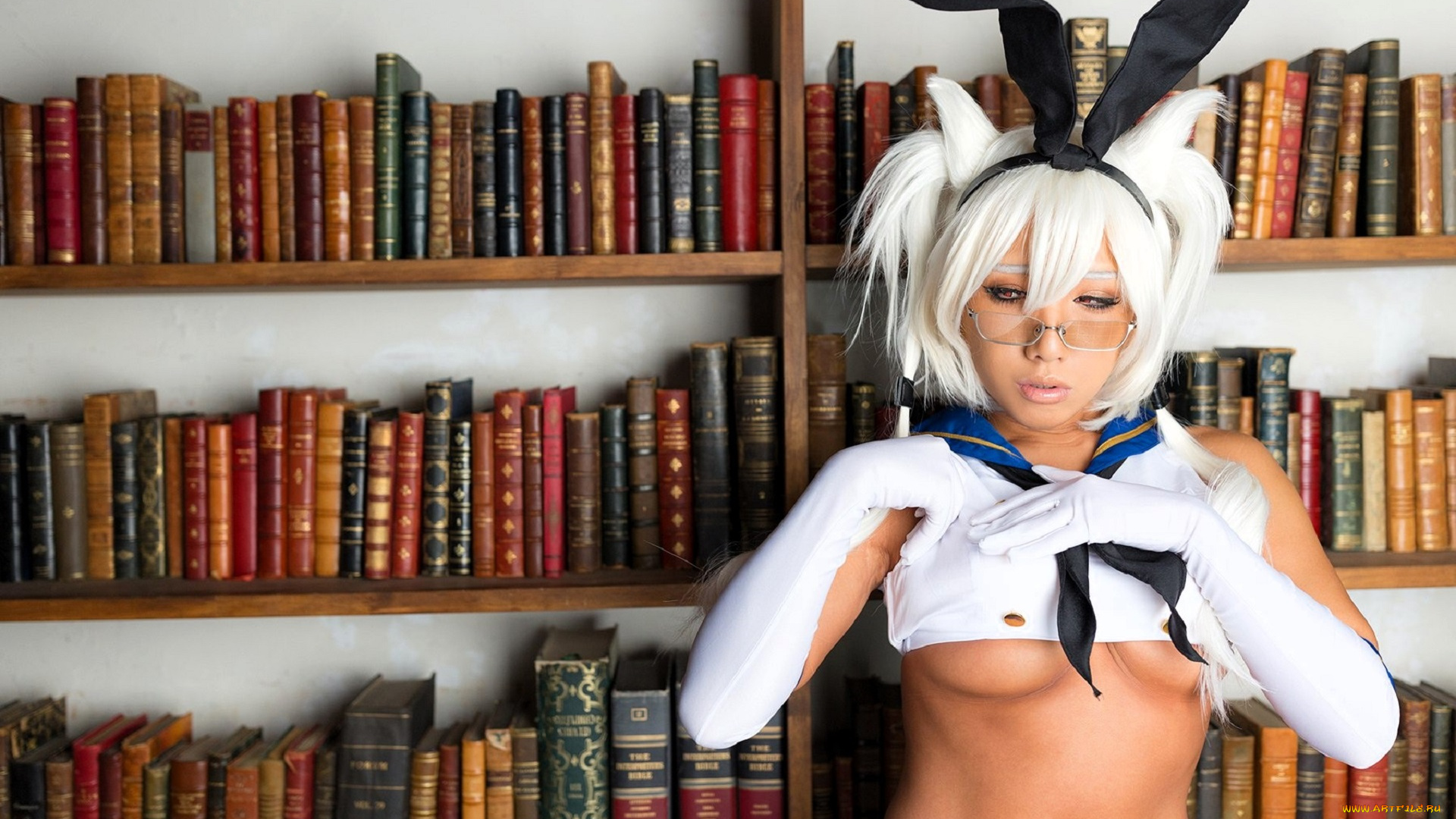 девушки, nonsummerjack, образ, косплей, наряд, полки, книги, очки
