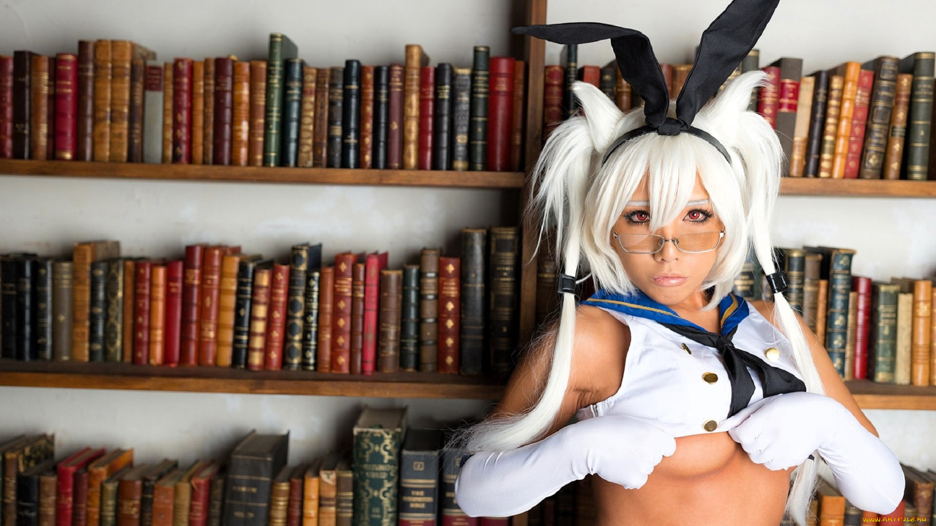 девушки, nonsummerjack, образ, косплей, наряд, полки, очки, книги