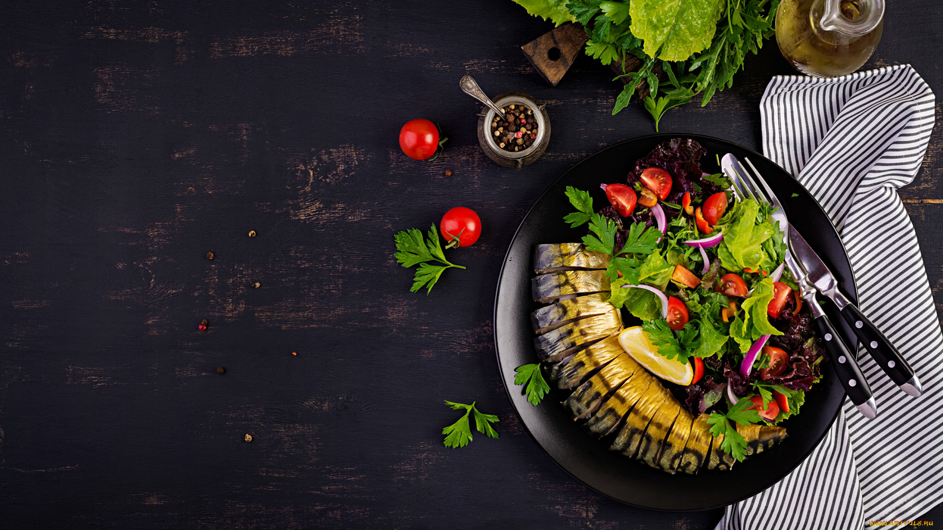 еда, рыбные, блюда, , с, морепродуктами, масло, перец, овощи, зелень, скумбрия, копченая