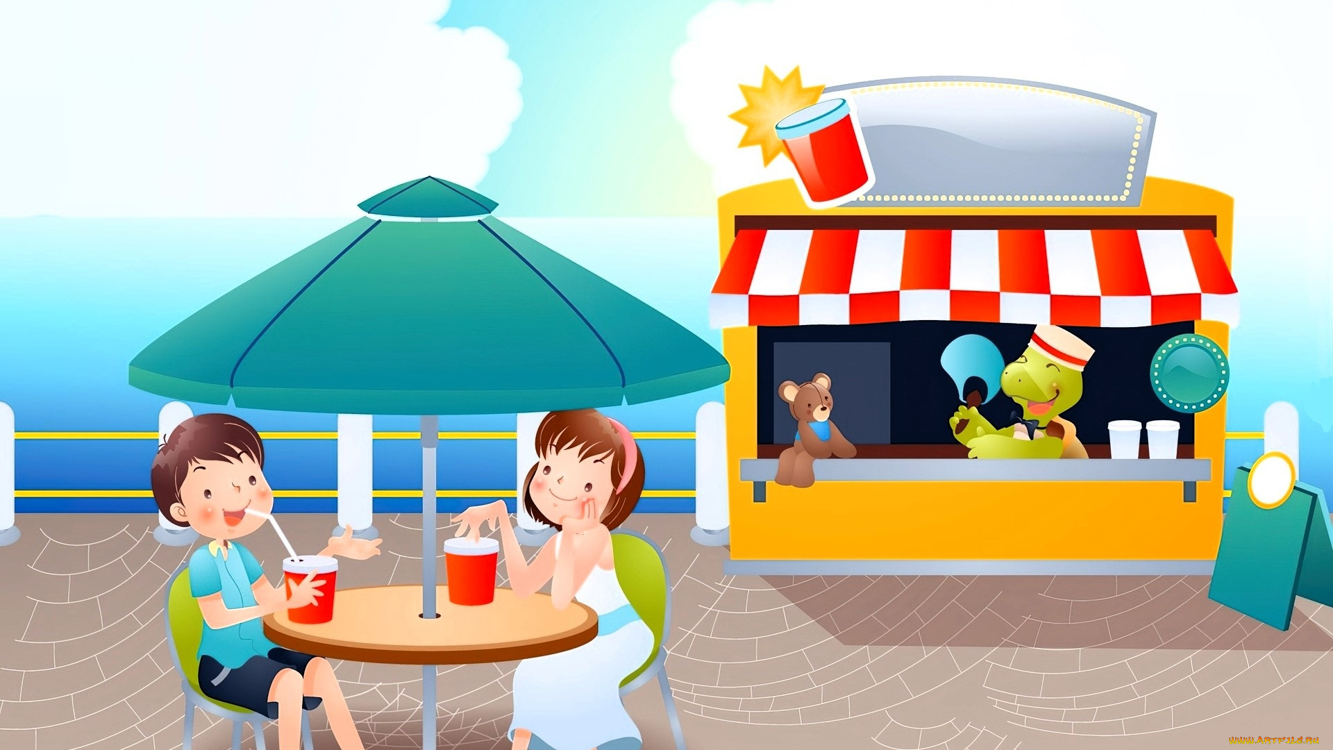 рисованное, дети, кафе, столик