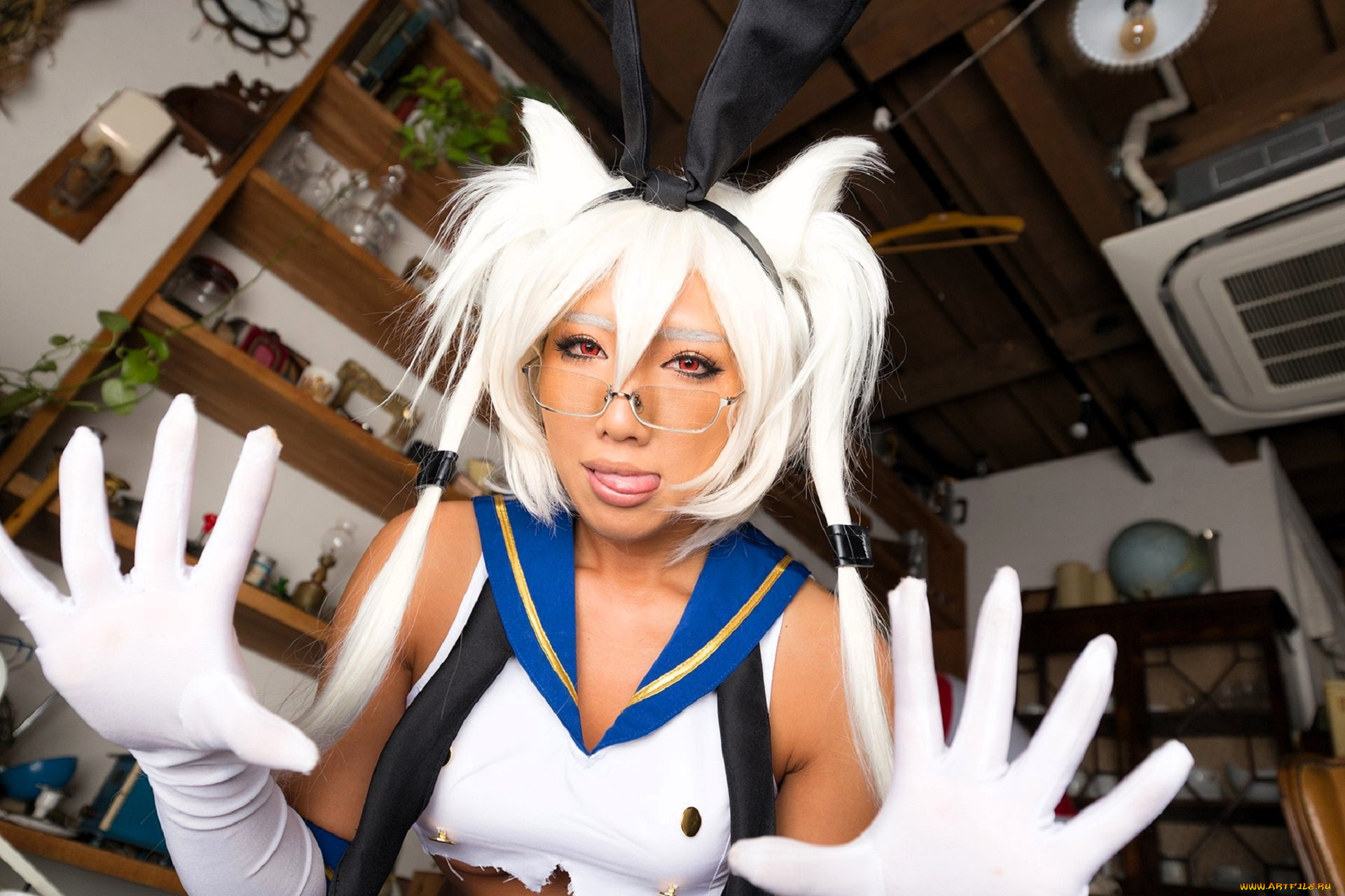 девушки, nonsummerjack, образ, косплей, наряд, полки, очки, перчатки