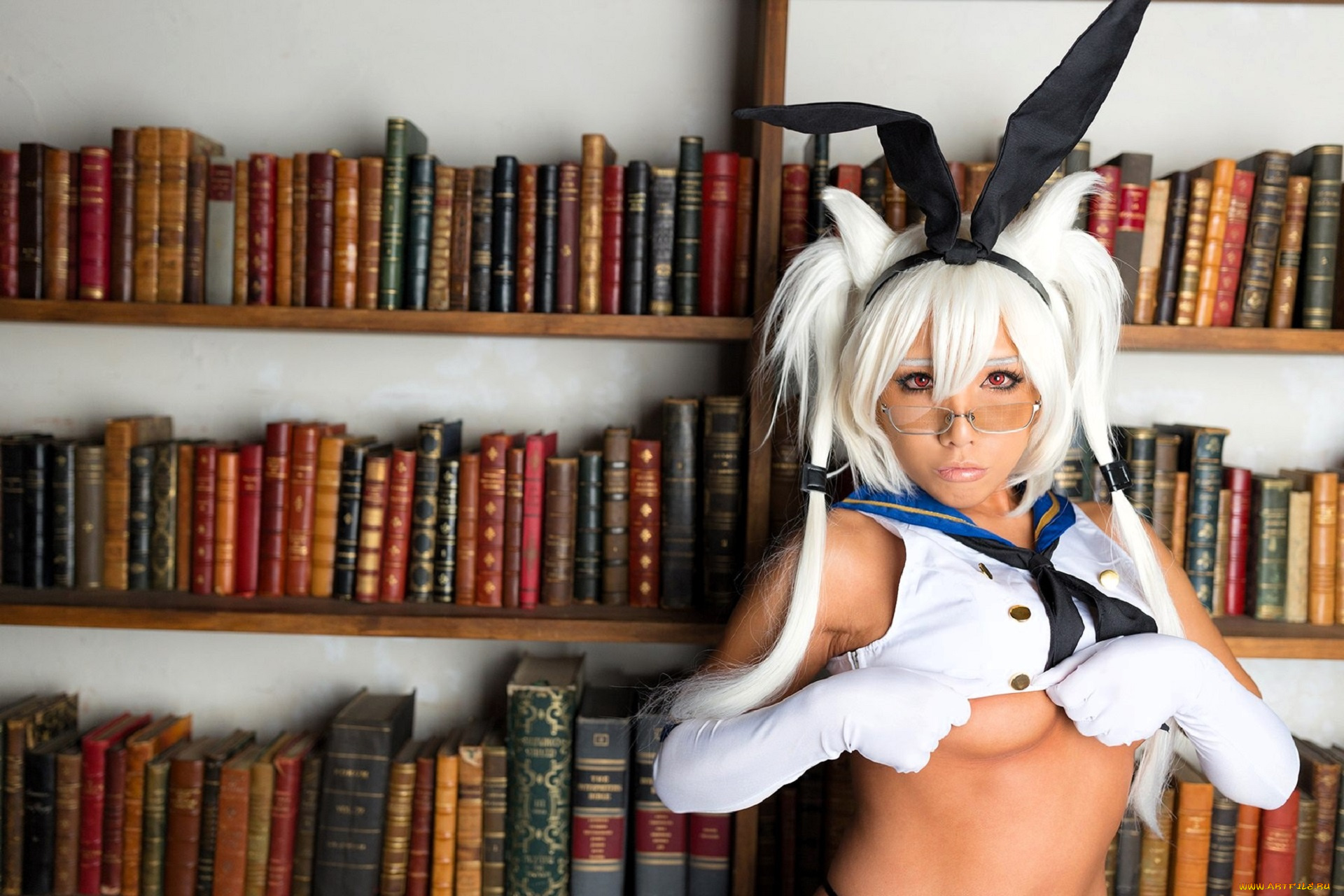 девушки, nonsummerjack, образ, косплей, наряд, полки, очки, книги