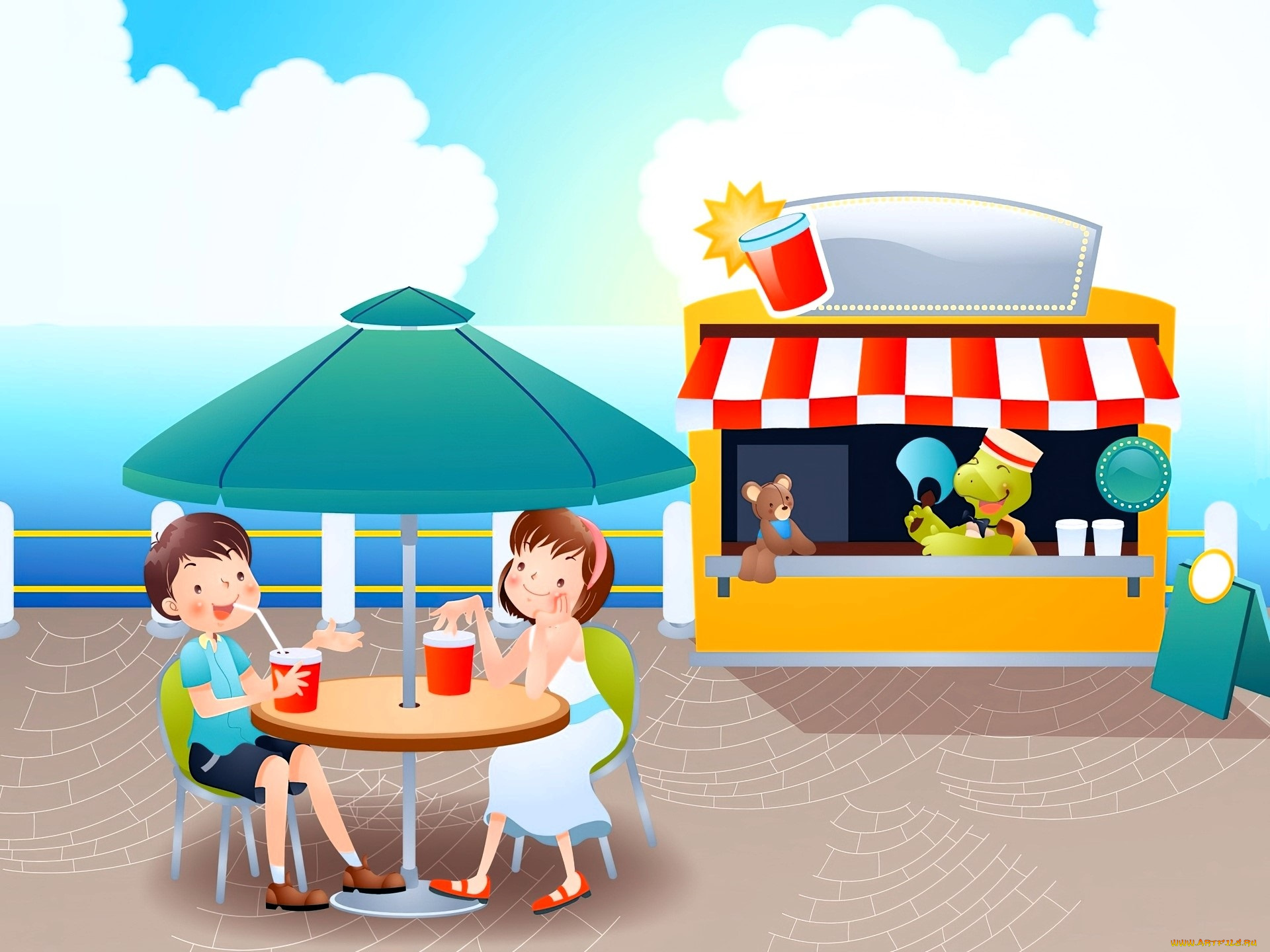 рисованное, дети, кафе, столик