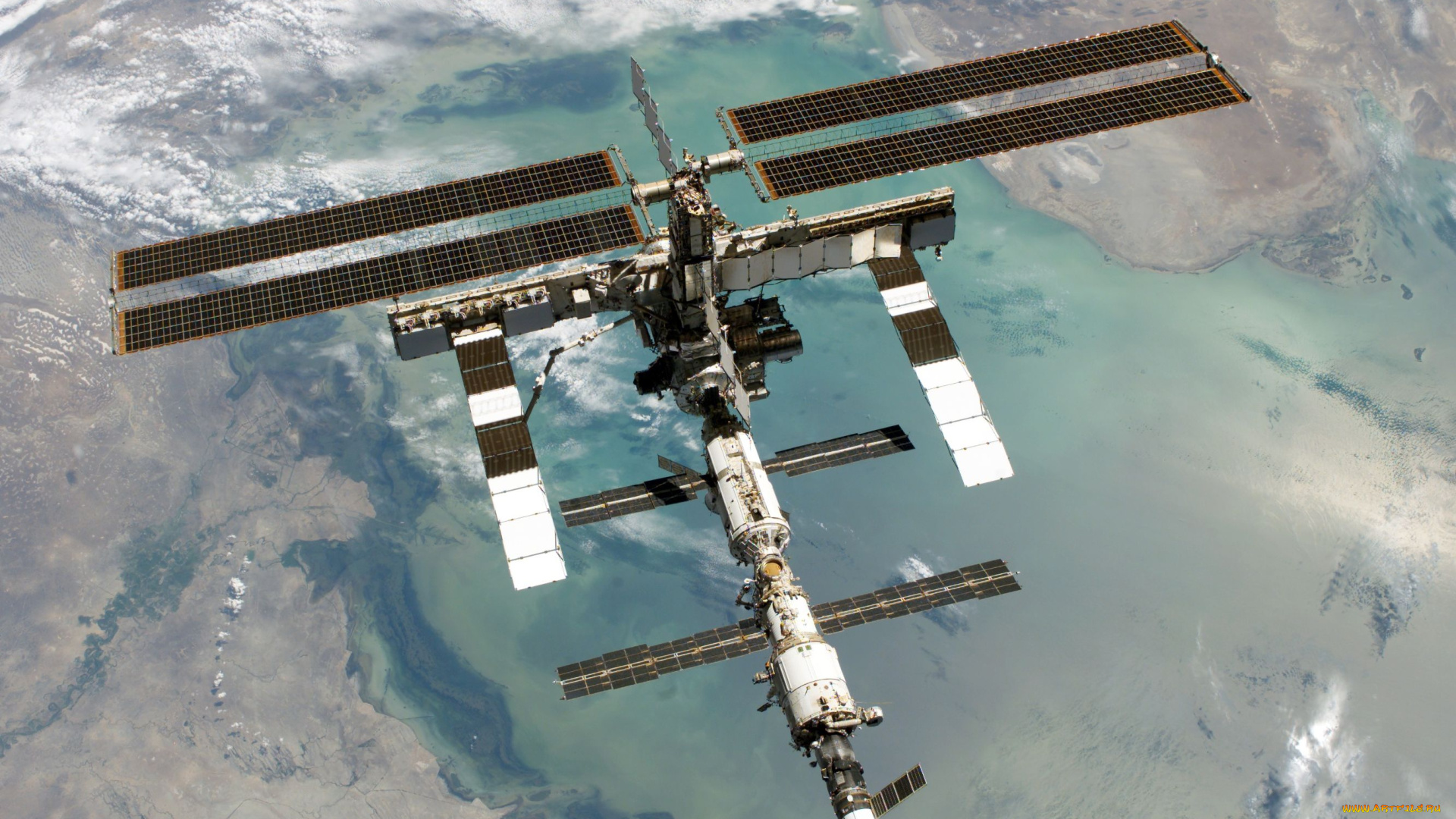 международная, космическая, станция, вид, сверху, космос, космические, корабли, станции
