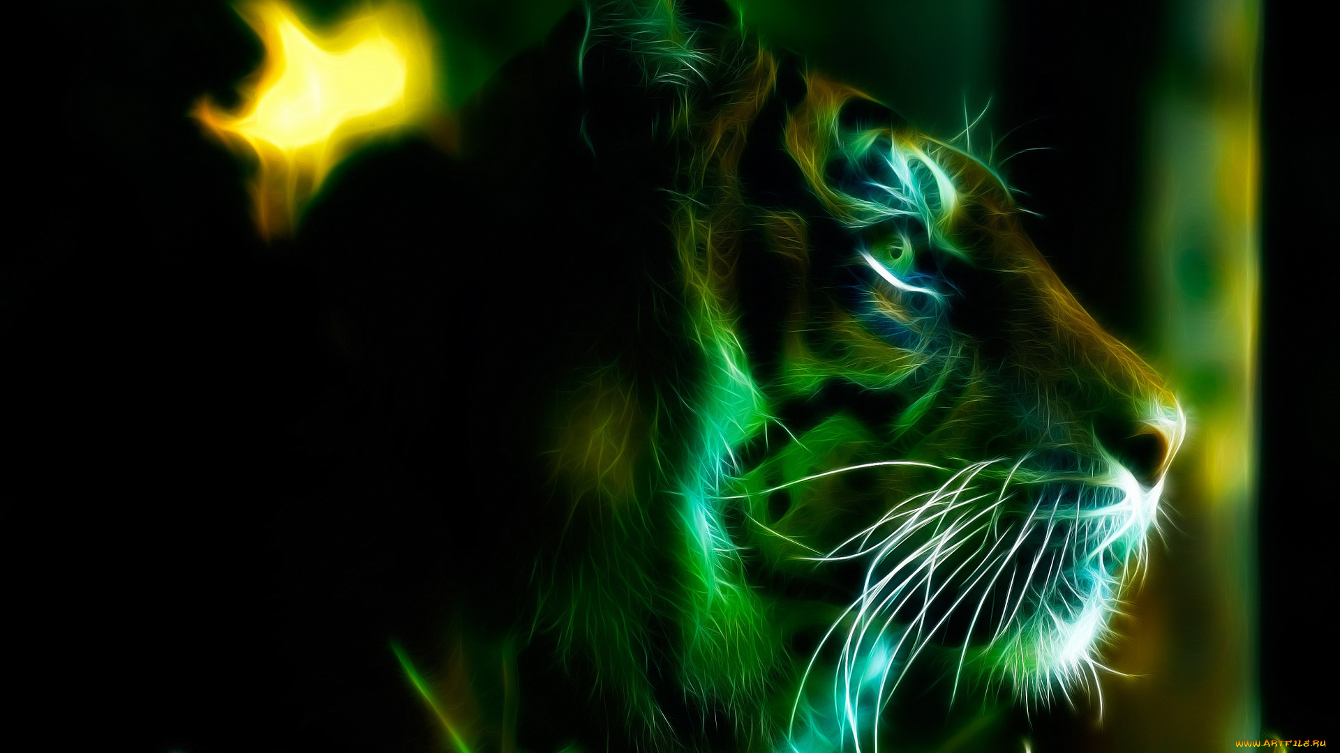 3д, графика, animals, животные, тёмный, фон, профиль, смотрит, морда, тигр