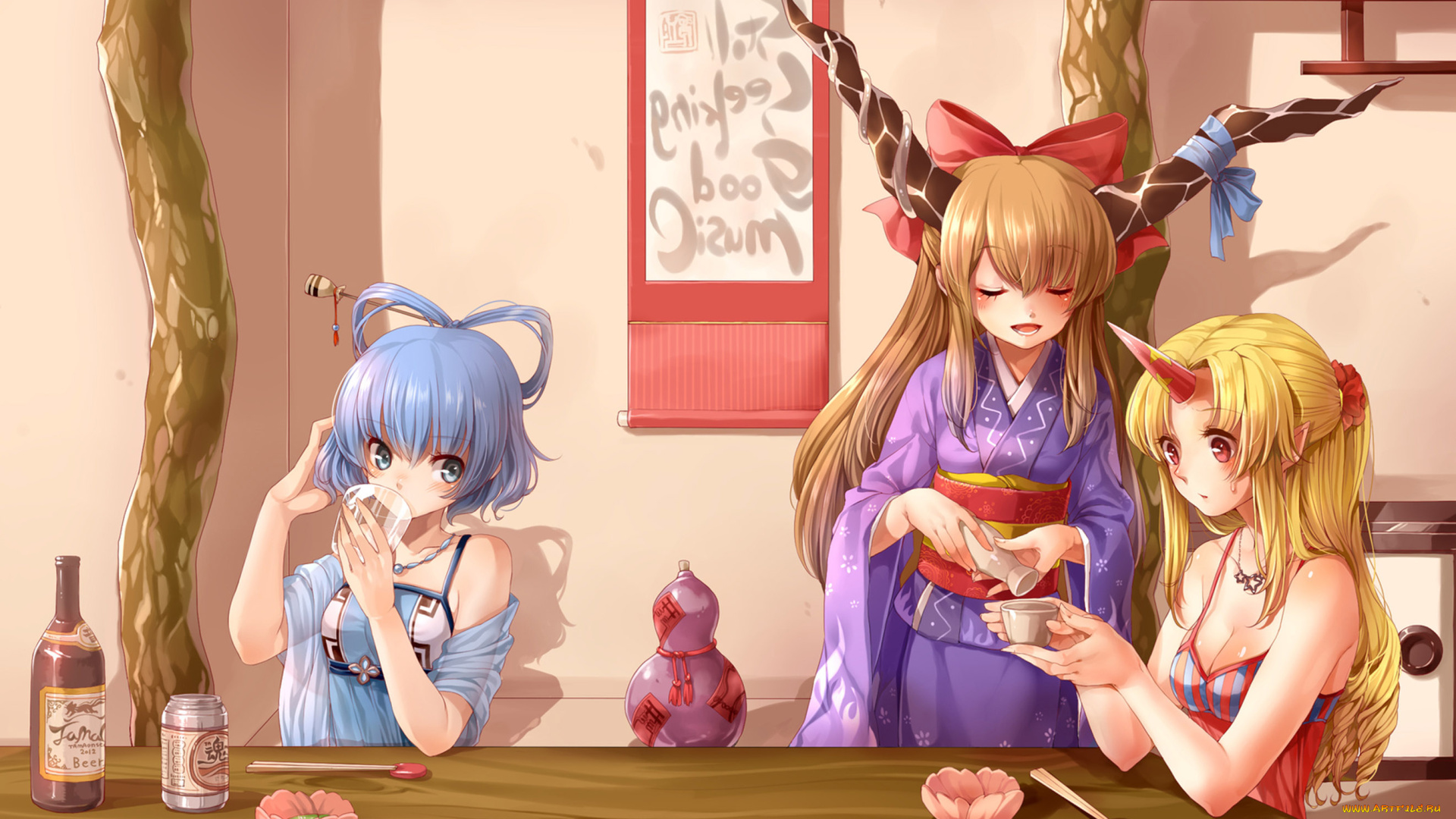 аниме, touhou, hoshiguma, yuugi, ibuki, suika, kaku, seiga, rojiko, девушки, стол, рога, бутылка, пиво, саке, кимоно
