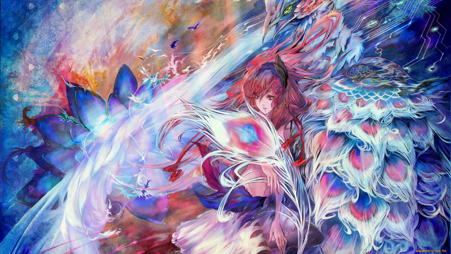 аниме, *unknown, другое, ic-kaname, девушка, птица, перья, абстракция