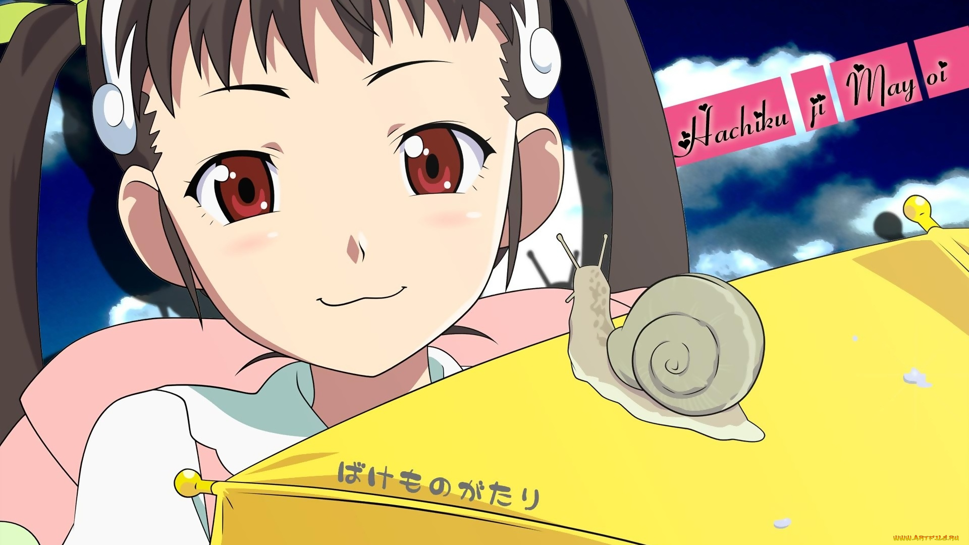 bakemonogatari, аниме, hachikuji, mayoi, девушка, форма, портфель, бант, лента, улитка, зонт, небо, облака