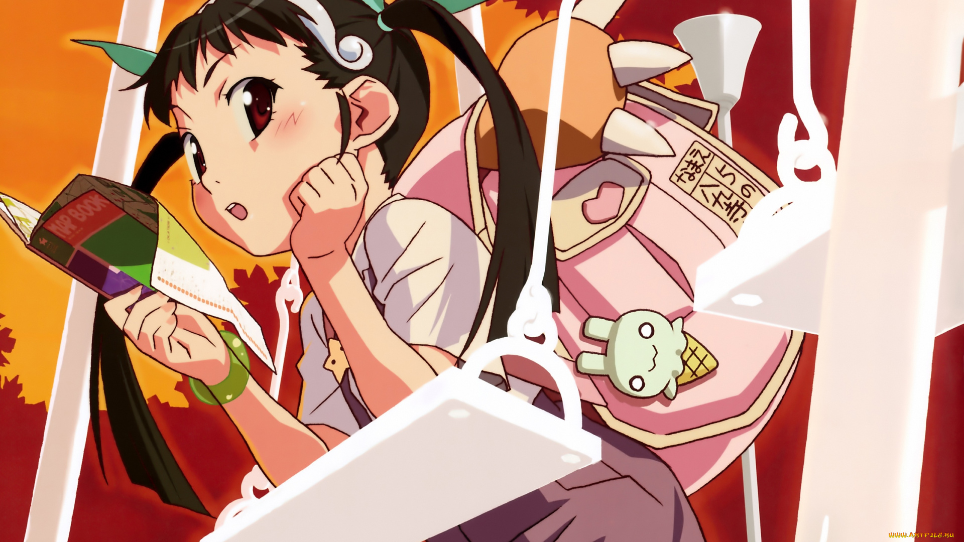 bakemonogatari, аниме, hachikuji, mayoi, девушка, форма, портфель, бант, лента, качели, деревья