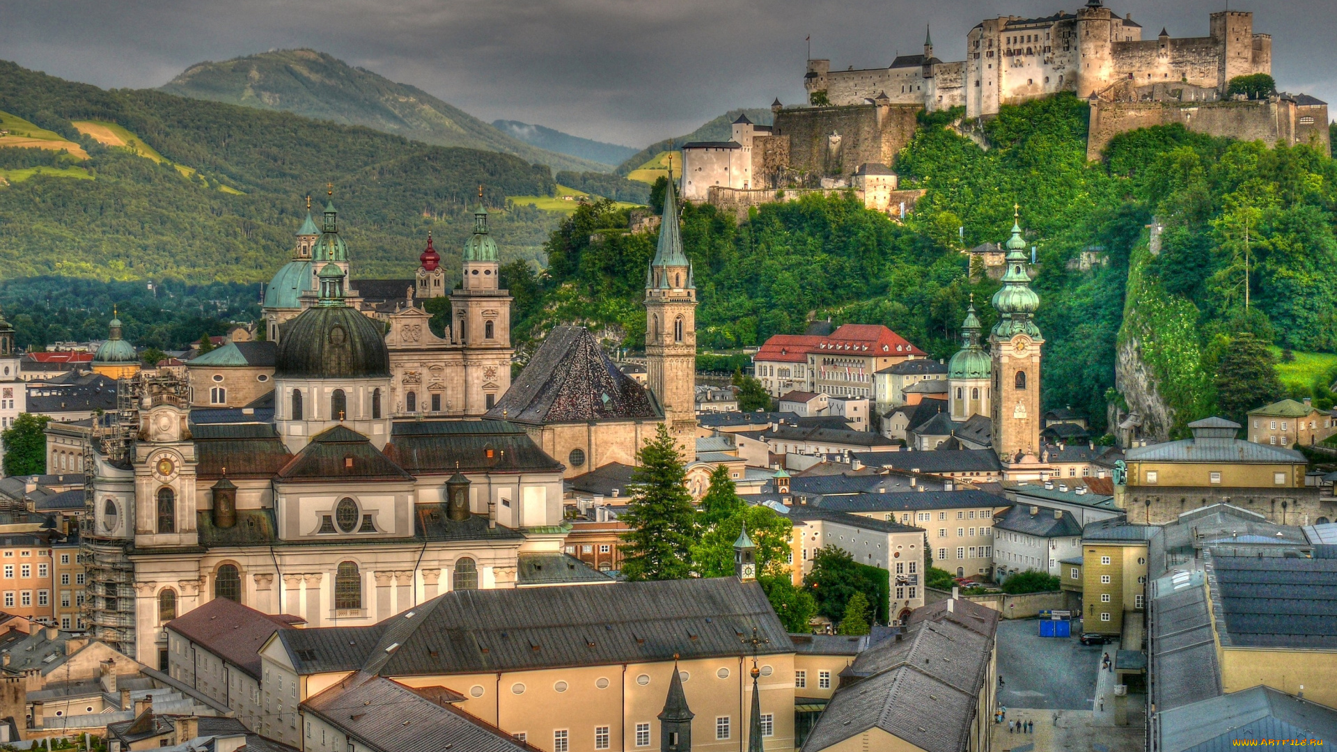 зальцбург, австрия, города, крыши, замок, купол