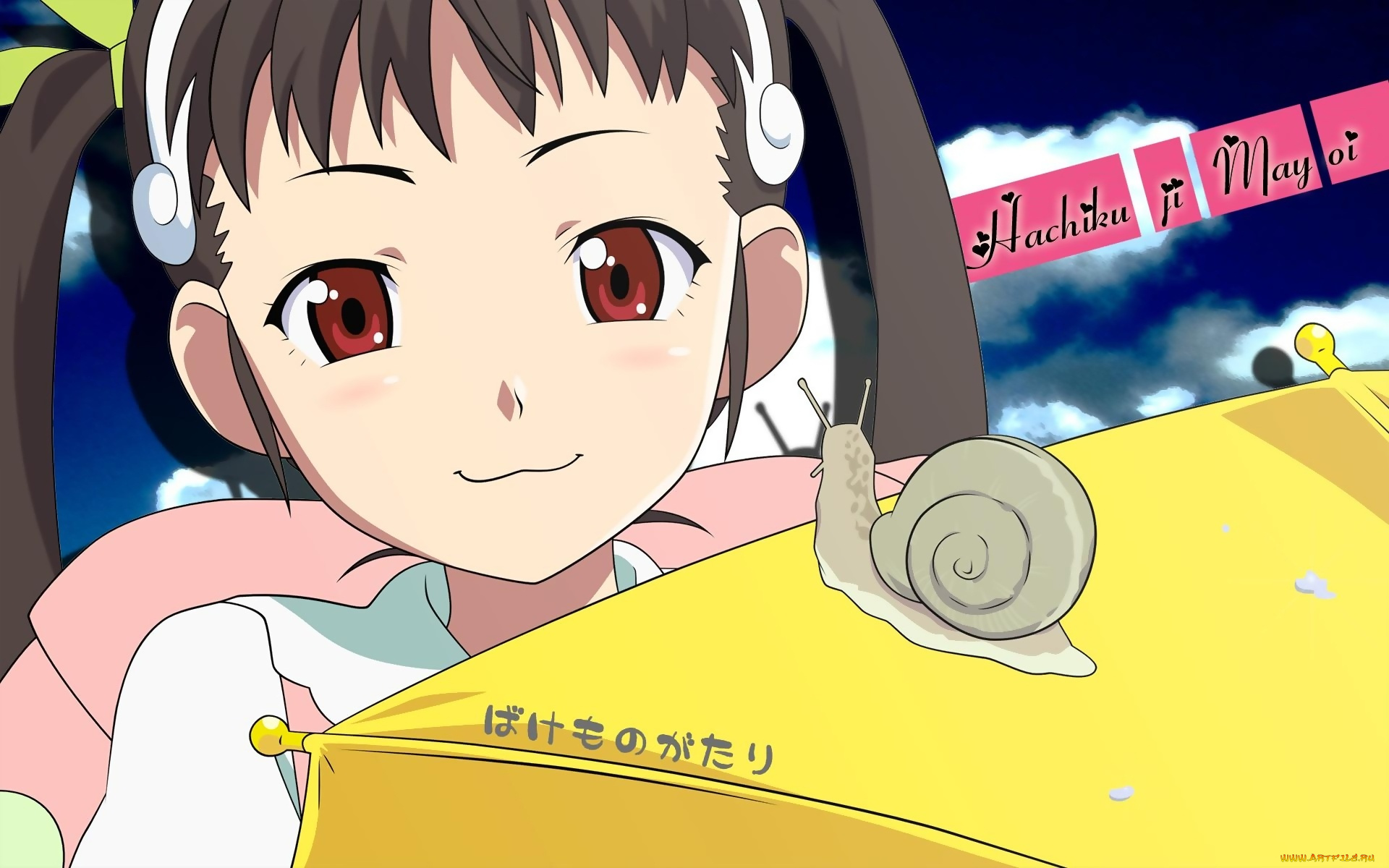 bakemonogatari, аниме, hachikuji, mayoi, девушка, форма, портфель, бант, лента, улитка, зонт, небо, облака