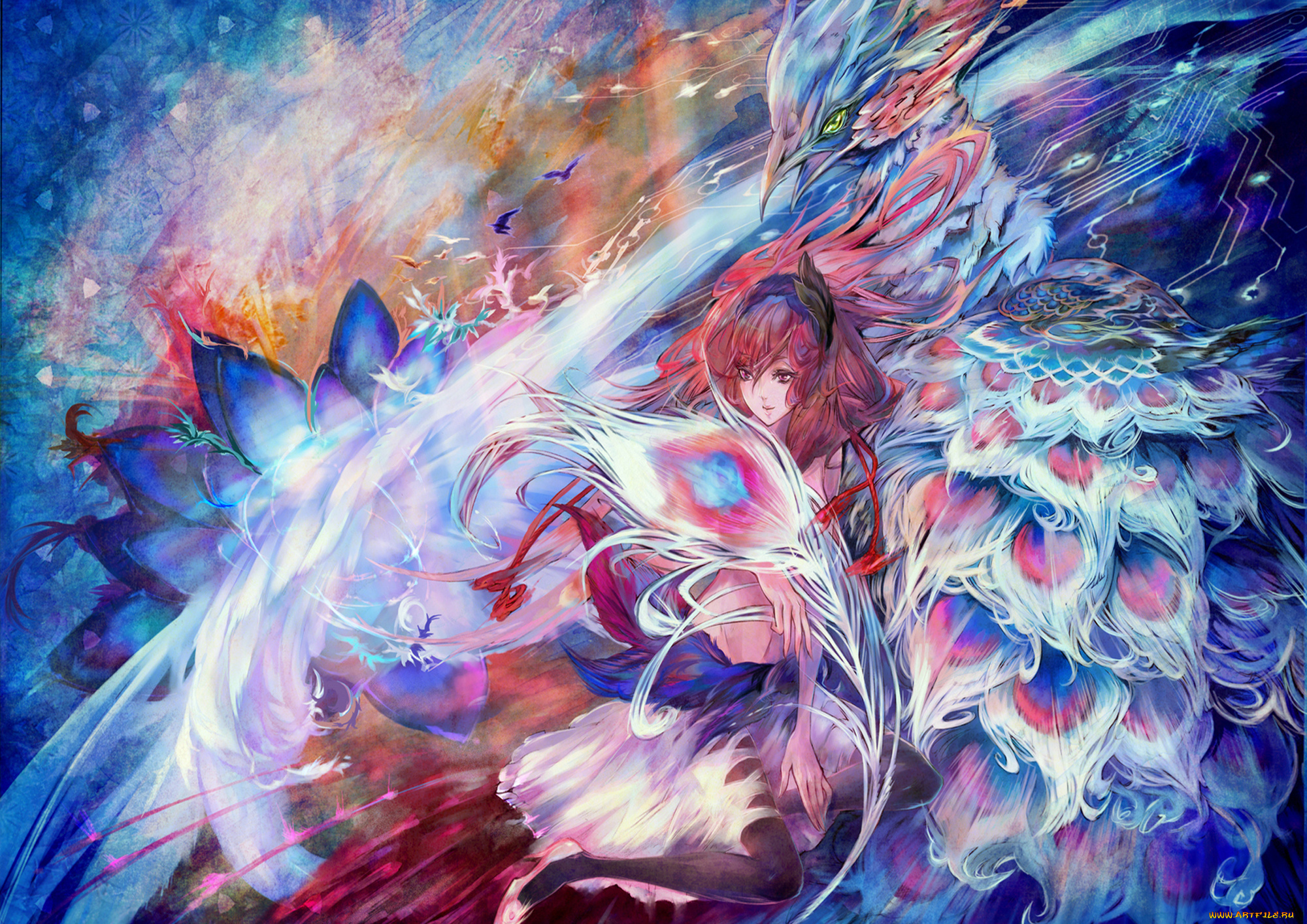 аниме, *unknown, другое, ic-kaname, девушка, птица, перья, абстракция