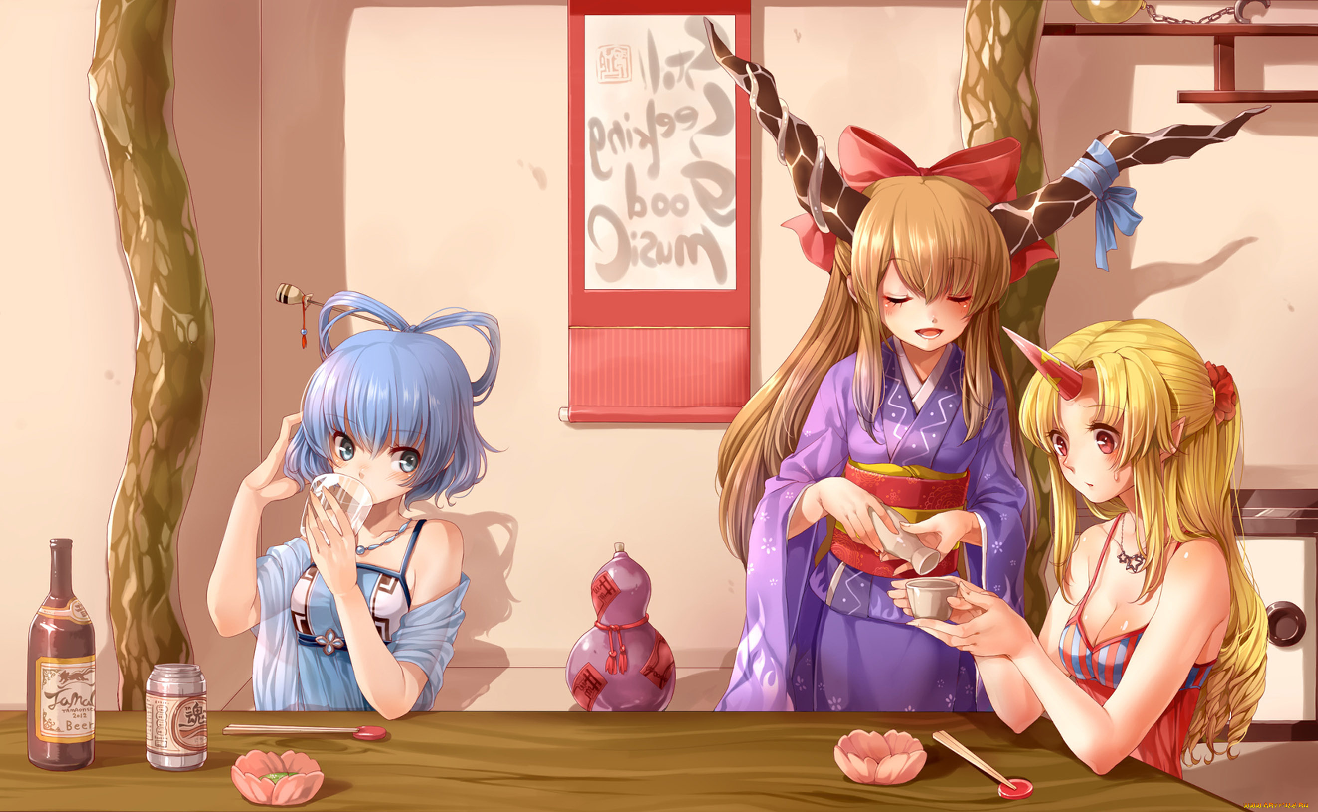 аниме, touhou, hoshiguma, yuugi, ibuki, suika, kaku, seiga, rojiko, девушки, стол, рога, бутылка, пиво, саке, кимоно