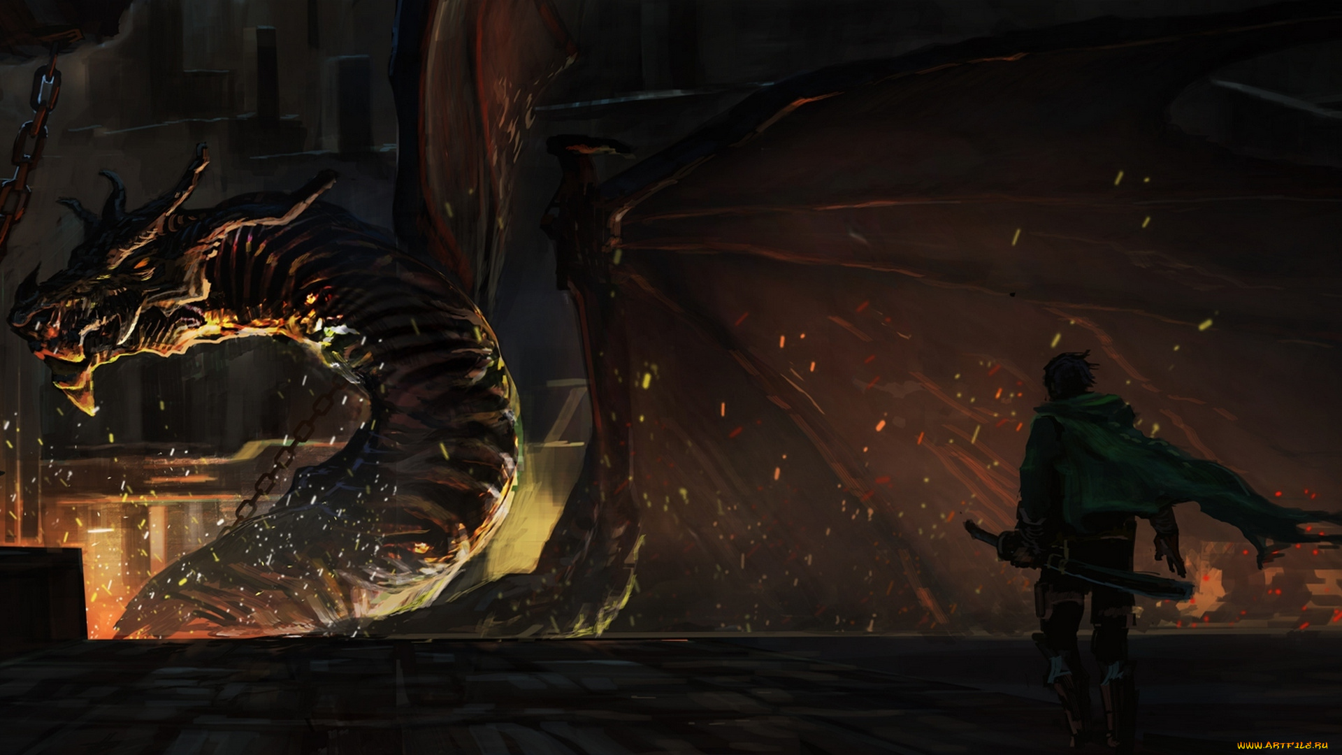 аниме, -animals, &, creatures, плащ, магия, цепи, огонь, оружие, меч, парень, дракон, emuson, арт