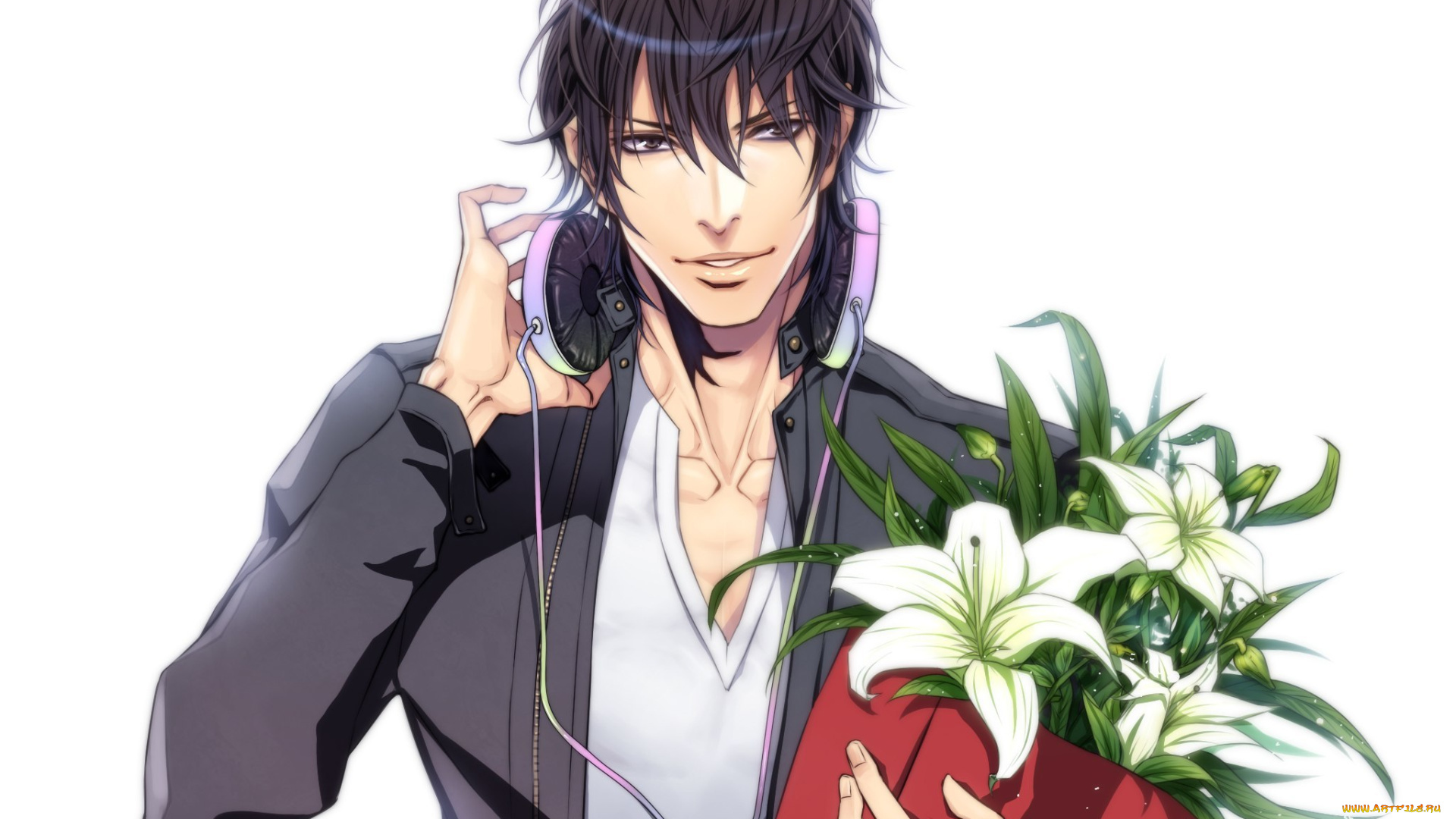 аниме, -headphones, &, instrumental, парень, лилии, наушники, букет, брюнет, арт, белый, фон
