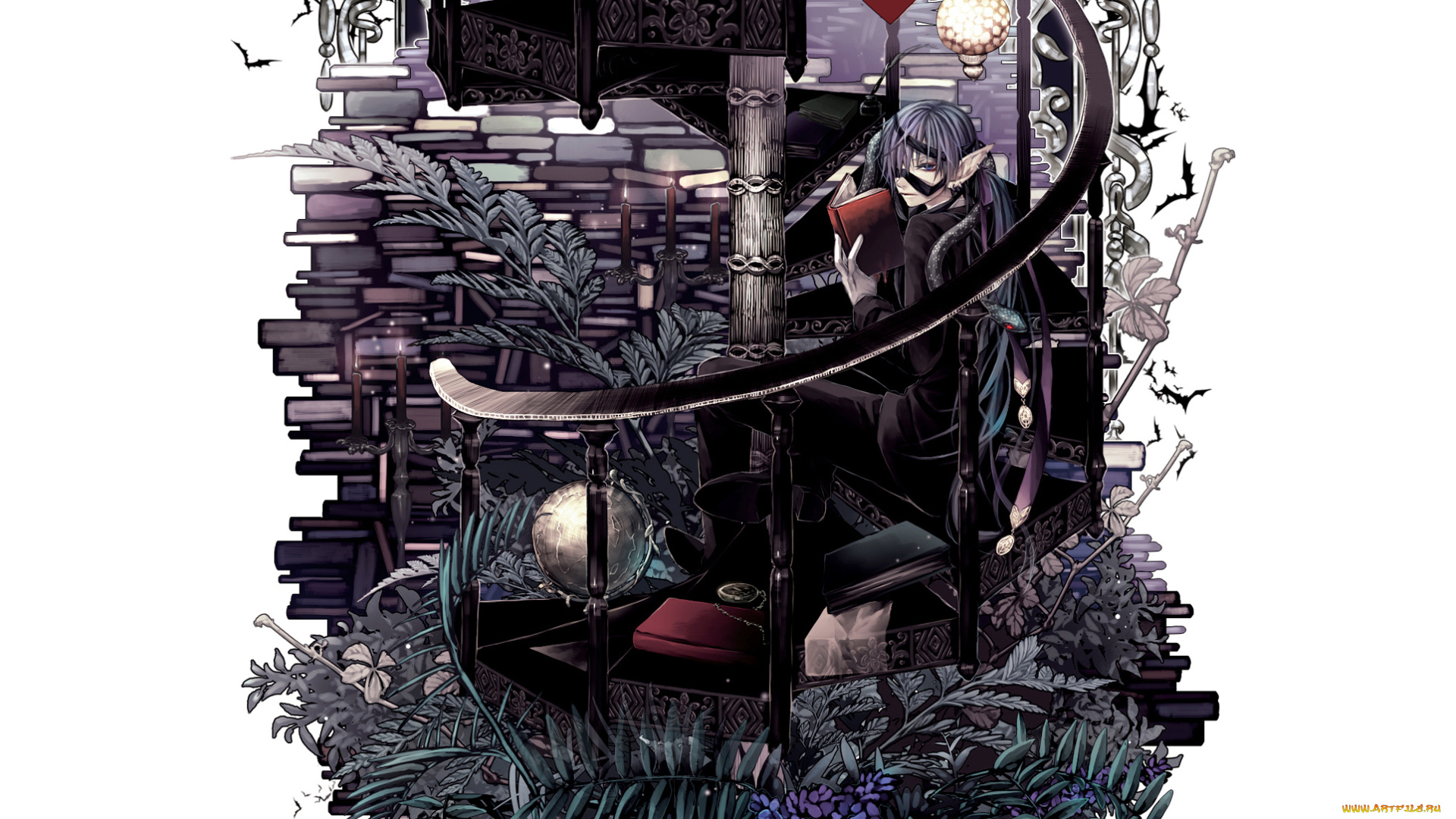 аниме, -weapon, , blood, &, technology, книги, эльф, парень, растения, лестница