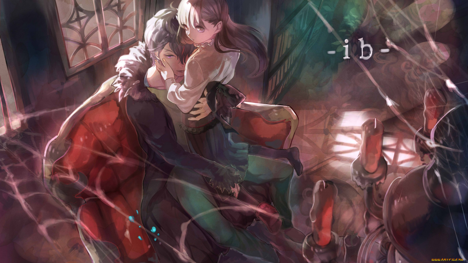 аниме, ib, девушка, eve, garry, свечи, паутина, парень