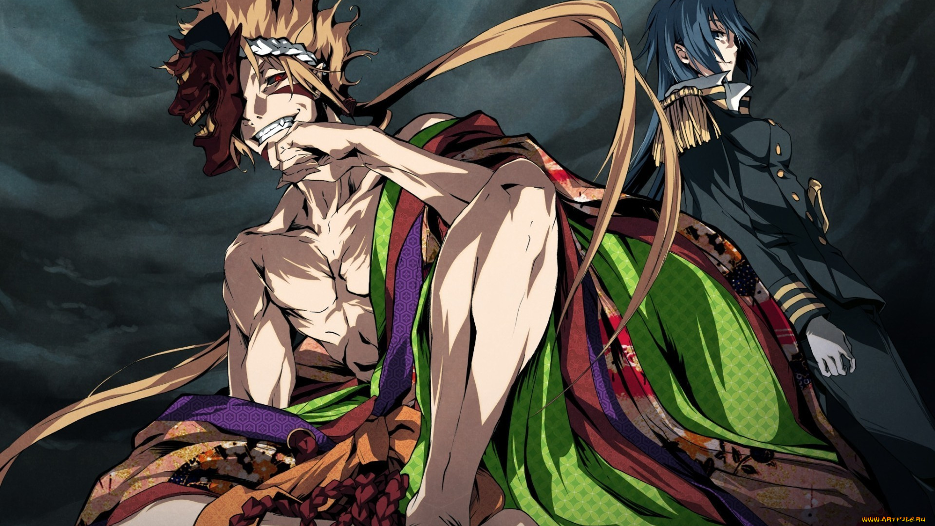 аниме, kajiri, kamui, kagura, парень, арт, g, yuusuke, kajiri, kamui, kagura, клыки, рога, облака, маска, девушка