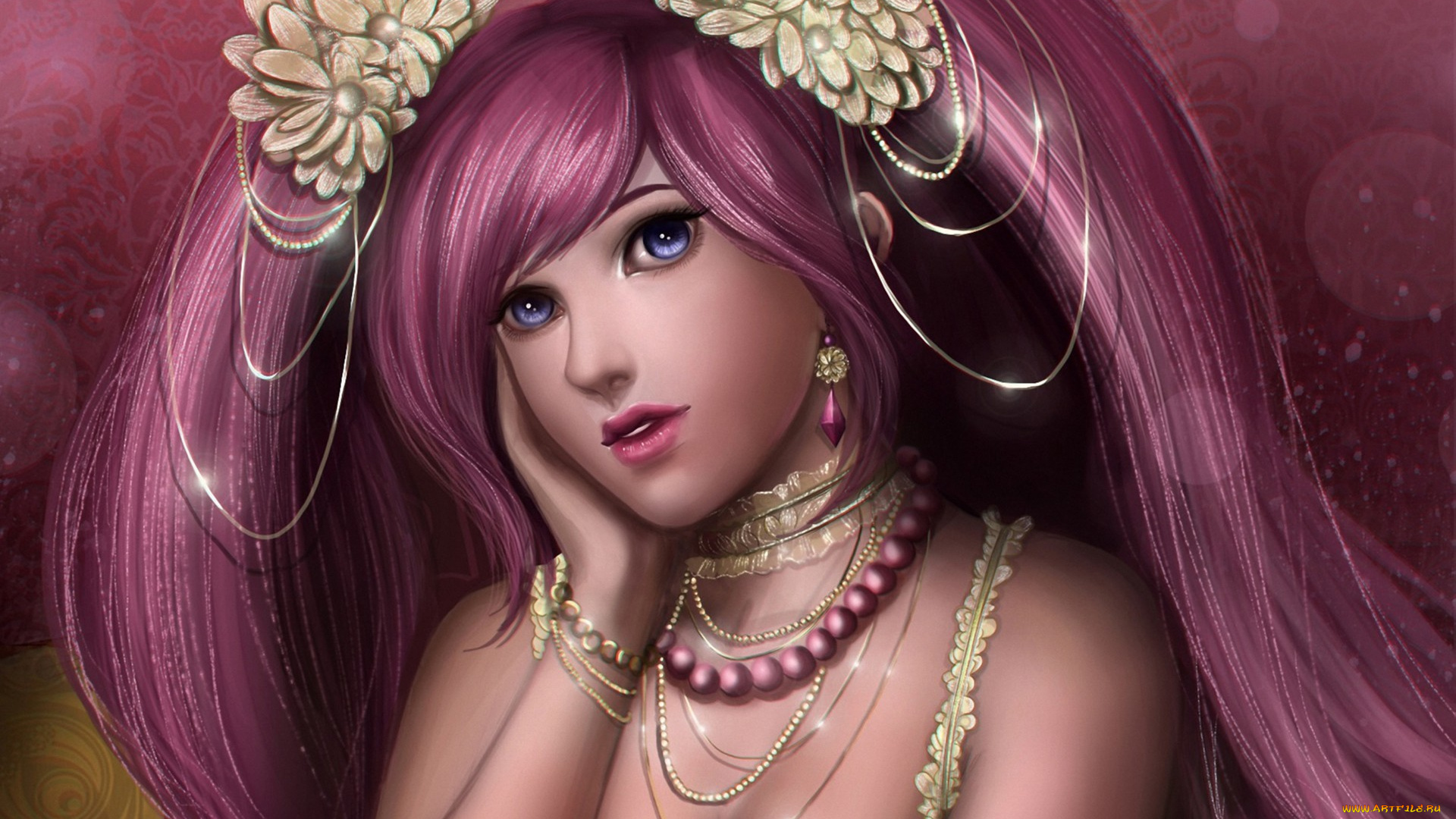 аниме, *unknown, , другое, украшения, розовые, волосы, заколки, хвостики, lilyzou, девушка, арт, бусы