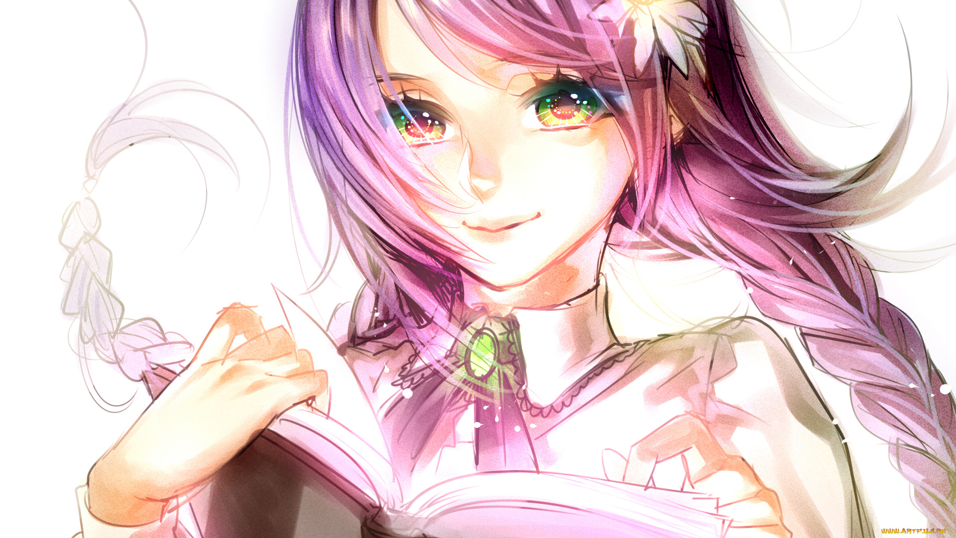 аниме, *unknown, , другое, улыбка, книга, девушка, tayuya1130, арт, цветок