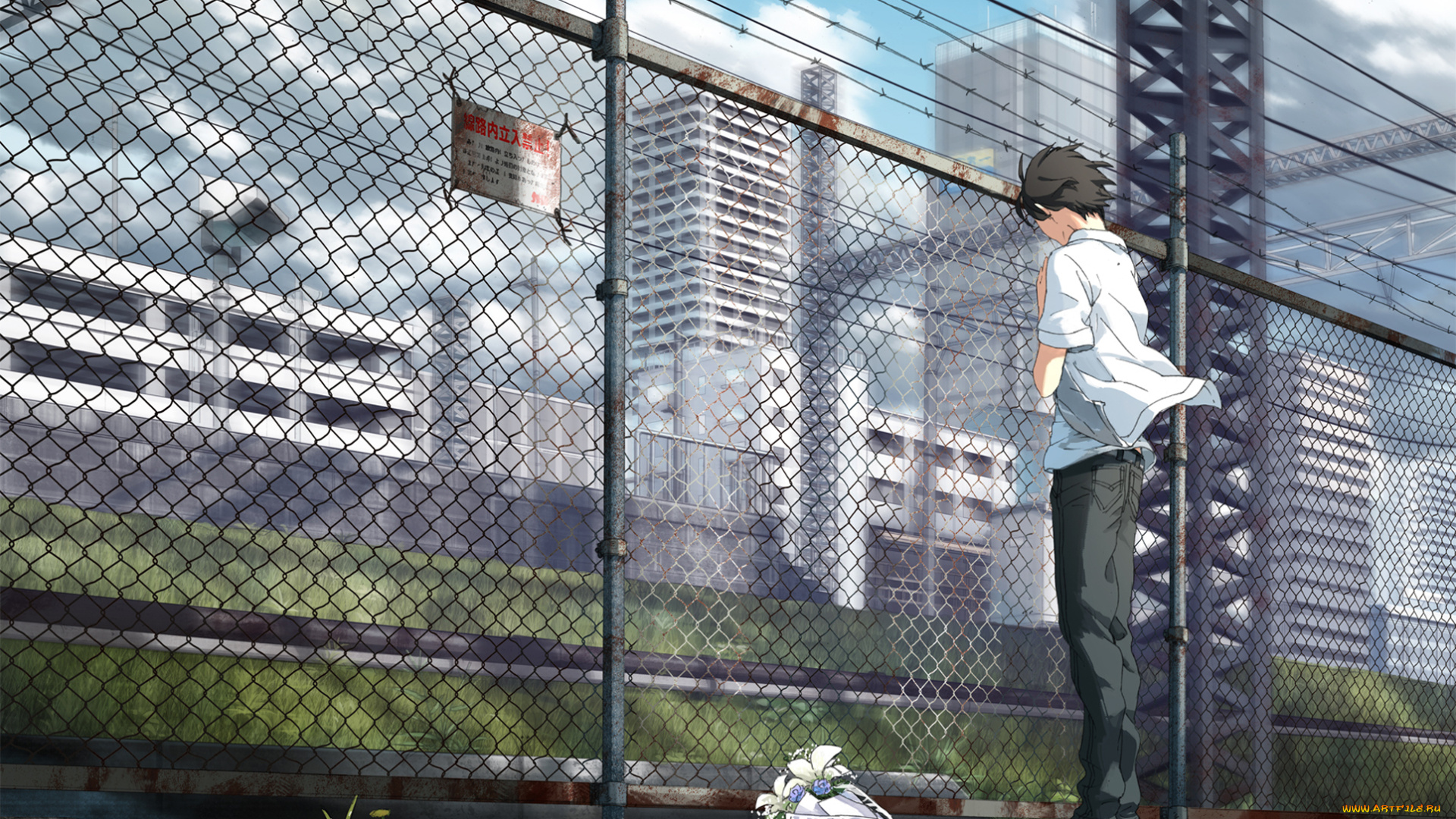 аниме, *unknown, , другое, ветер, облака, небо, город, забор, парень, букет