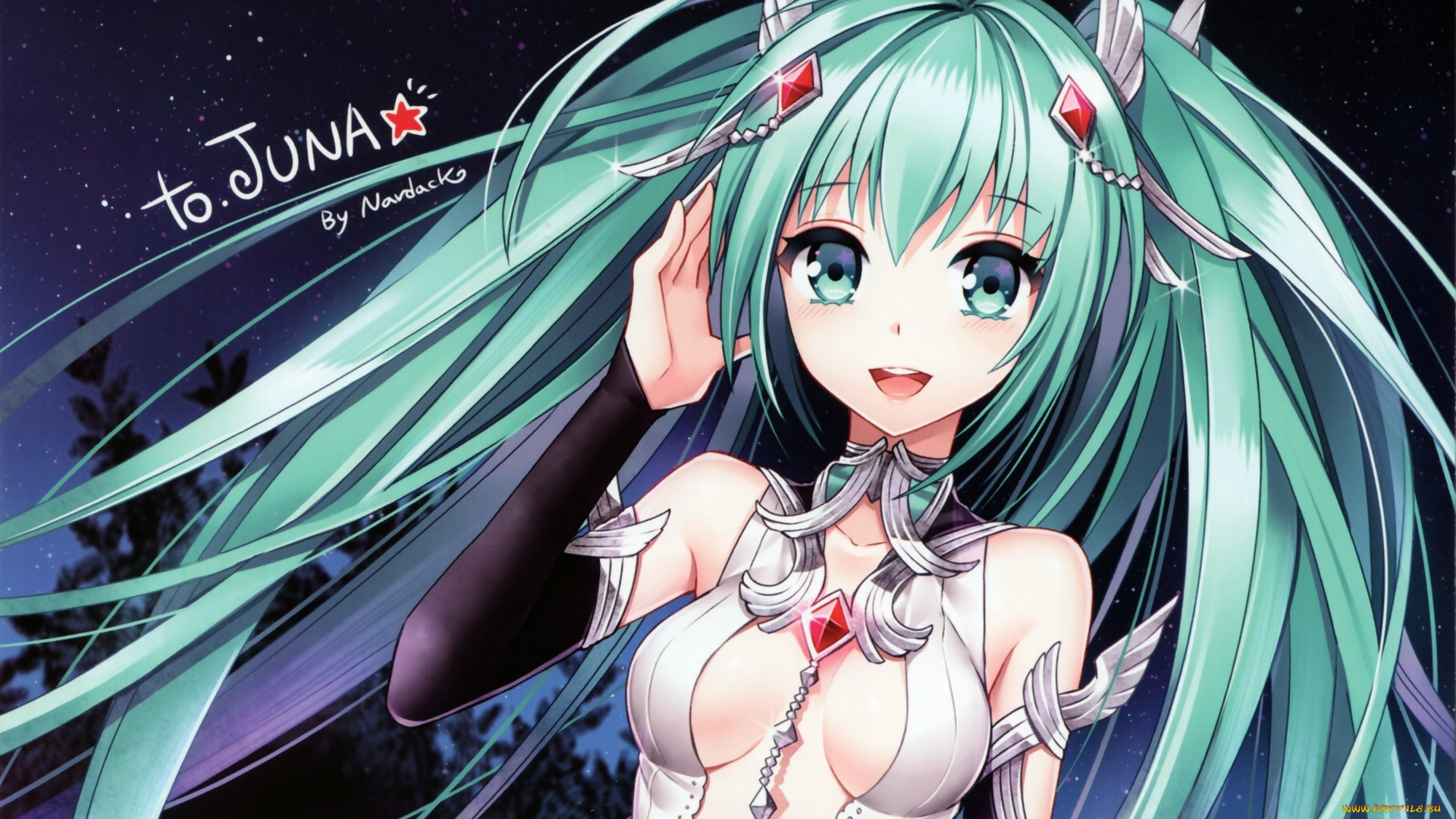 аниме, vocaloid, art, грудь, радость, вокалоид, ночь, жест, взгляд, hatsune, miku, девушка, nardack