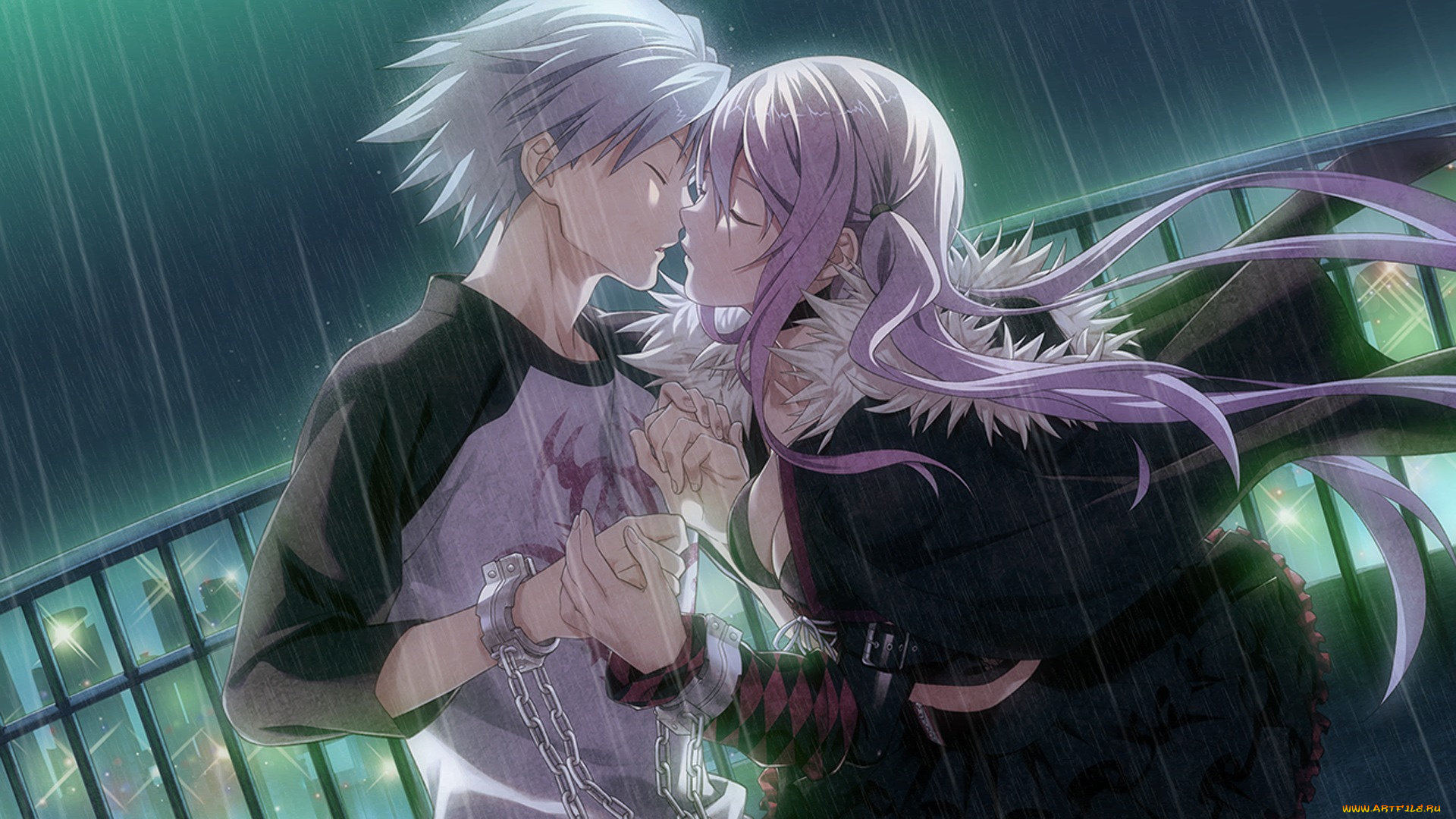 disorder, 6, аниме, *unknown, , другое, disorder, 6, девушка, парень, двое, пара, поцелуй, ночь, дождь, наручники, дома, огни, город