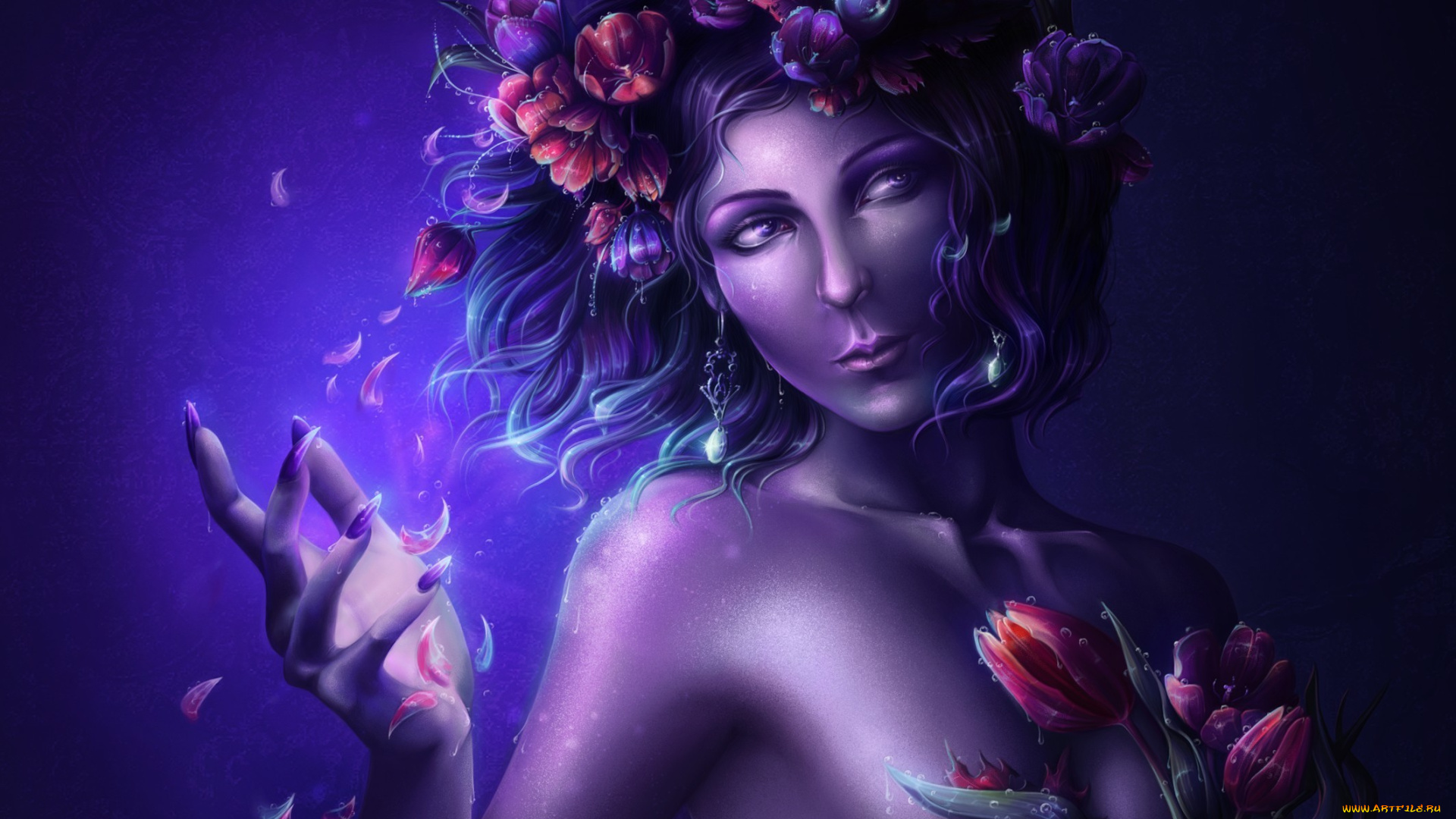 фэнтези, девушки, девушка, арт, грудь, цветы, когти