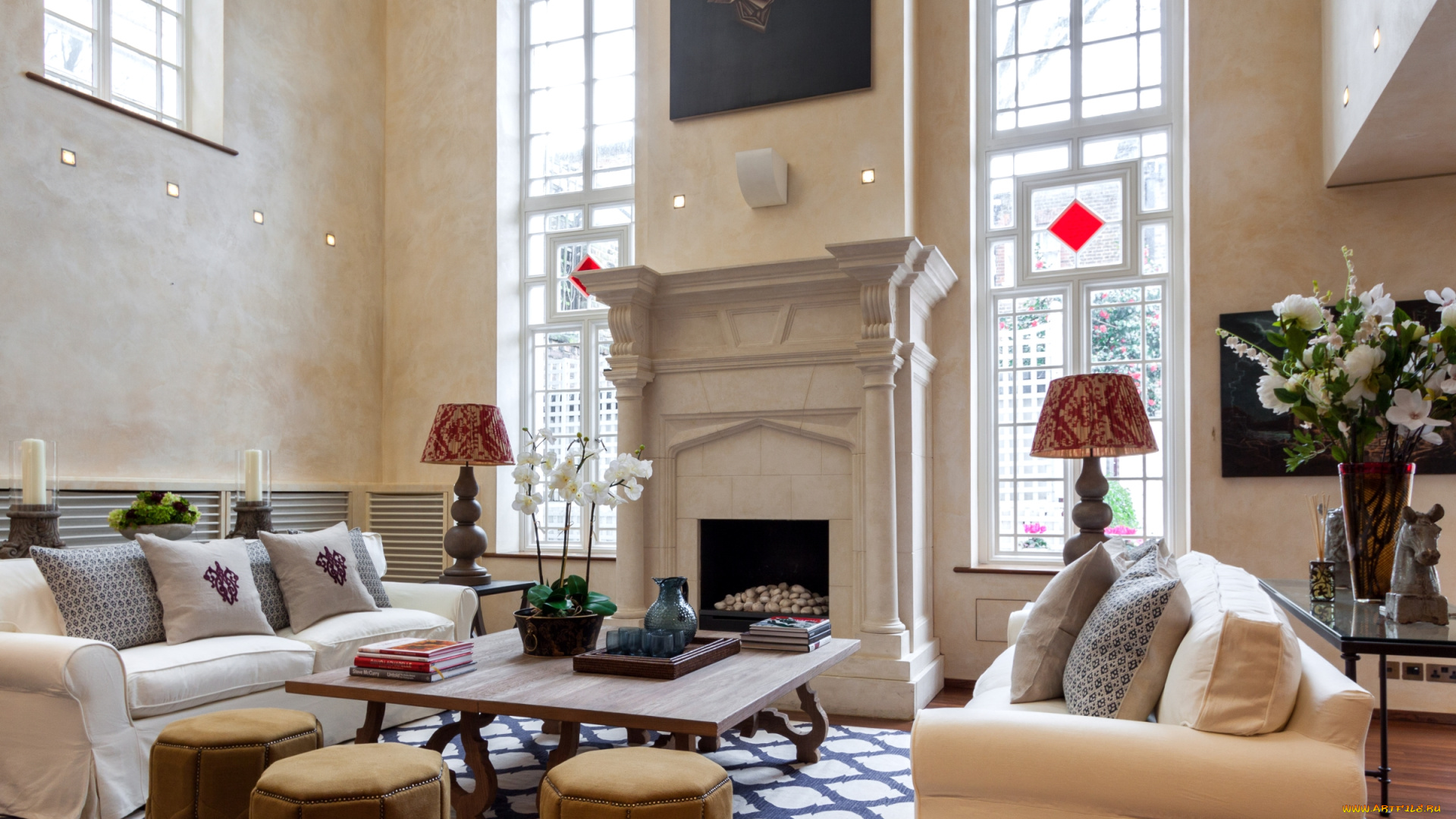 интерьер, гостиная, камин, диваны