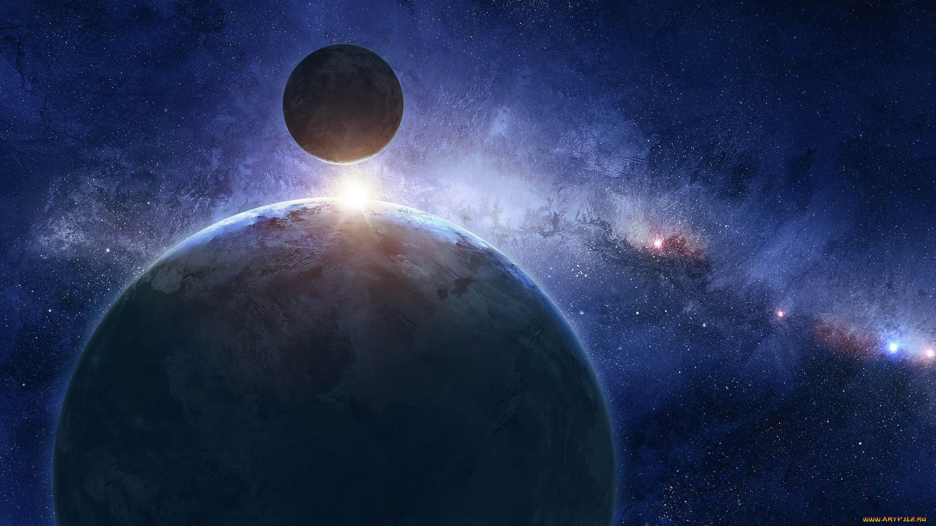 космос, арт, туманность, звезды, спутник, планета