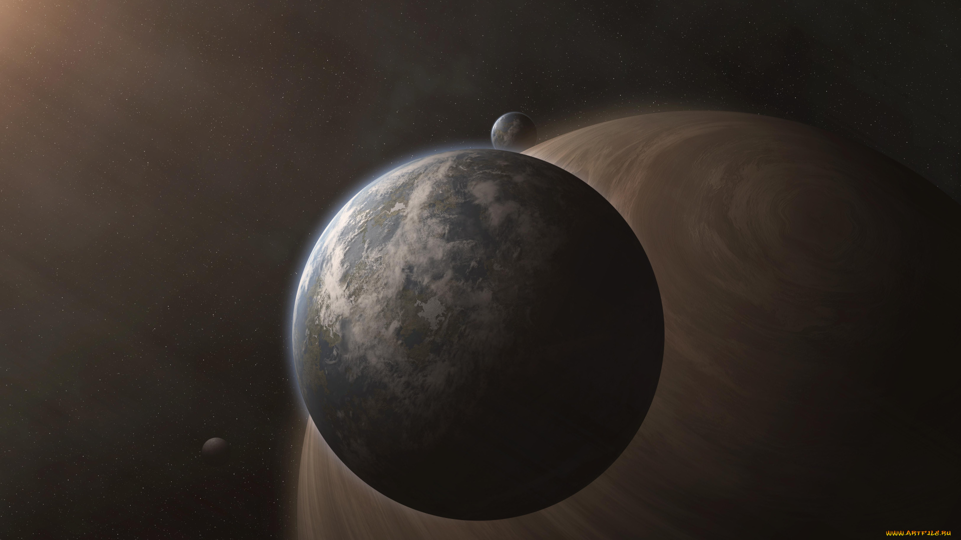 космос, арт, звезды, спутник, планеты