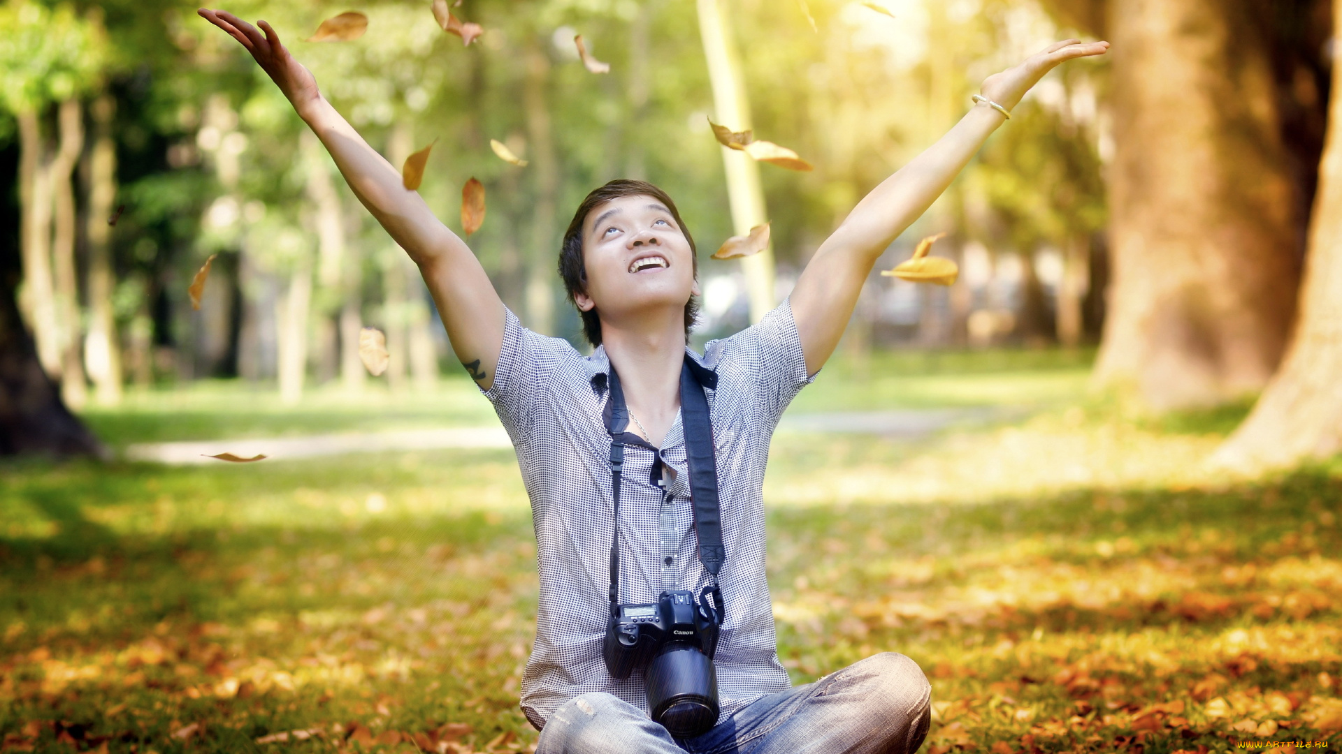 мужчины, -, unsort, листья, фотоаппарат, настроение, осень, парень
