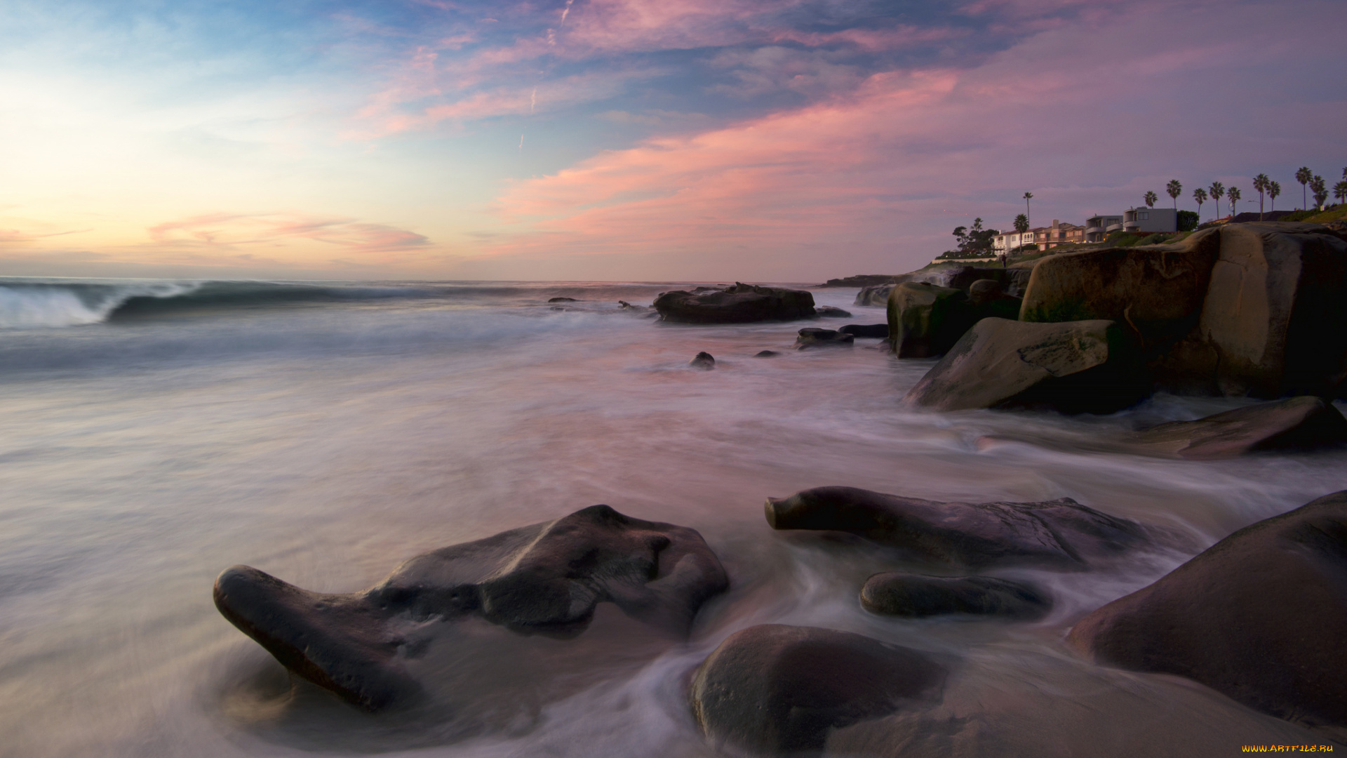 природа, побережье, прибой, море, камни, берег, дома