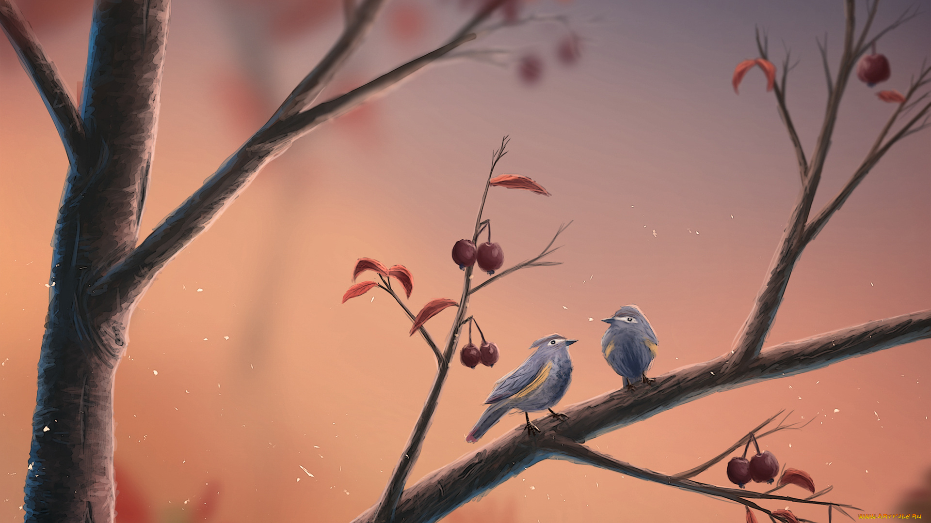 рисованные, животные, ветка, птицы, ягоды