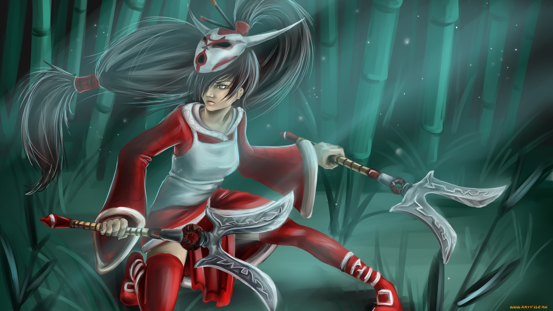 видео, игры, league, of, legends, девушка, арт, league, of, legends, akali, маска, бамбук, оружие, лес