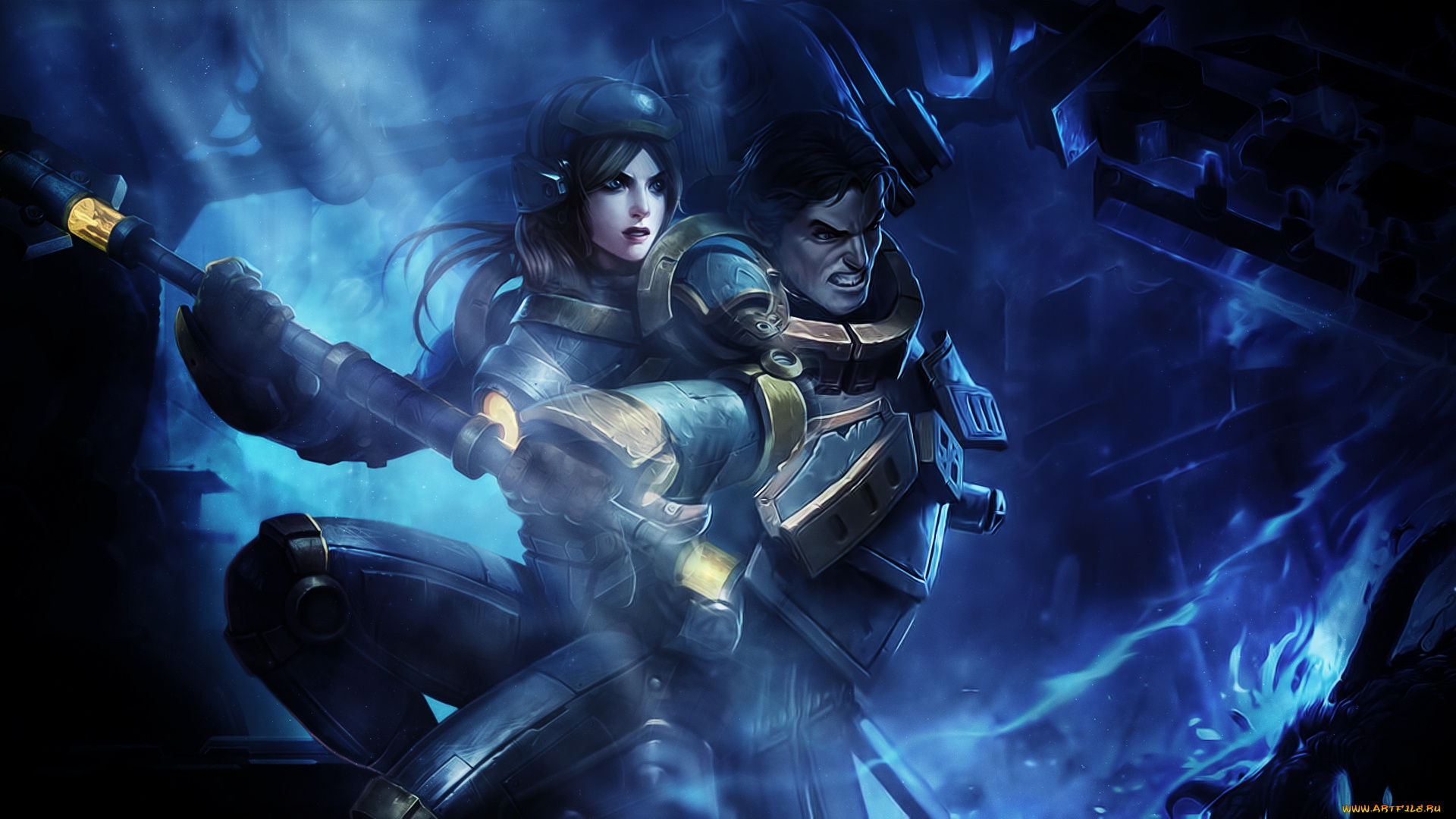 видео, игры, league, of, legends, league, of, legends, арт, lol, парень, девушка, броня, оружие, шлем