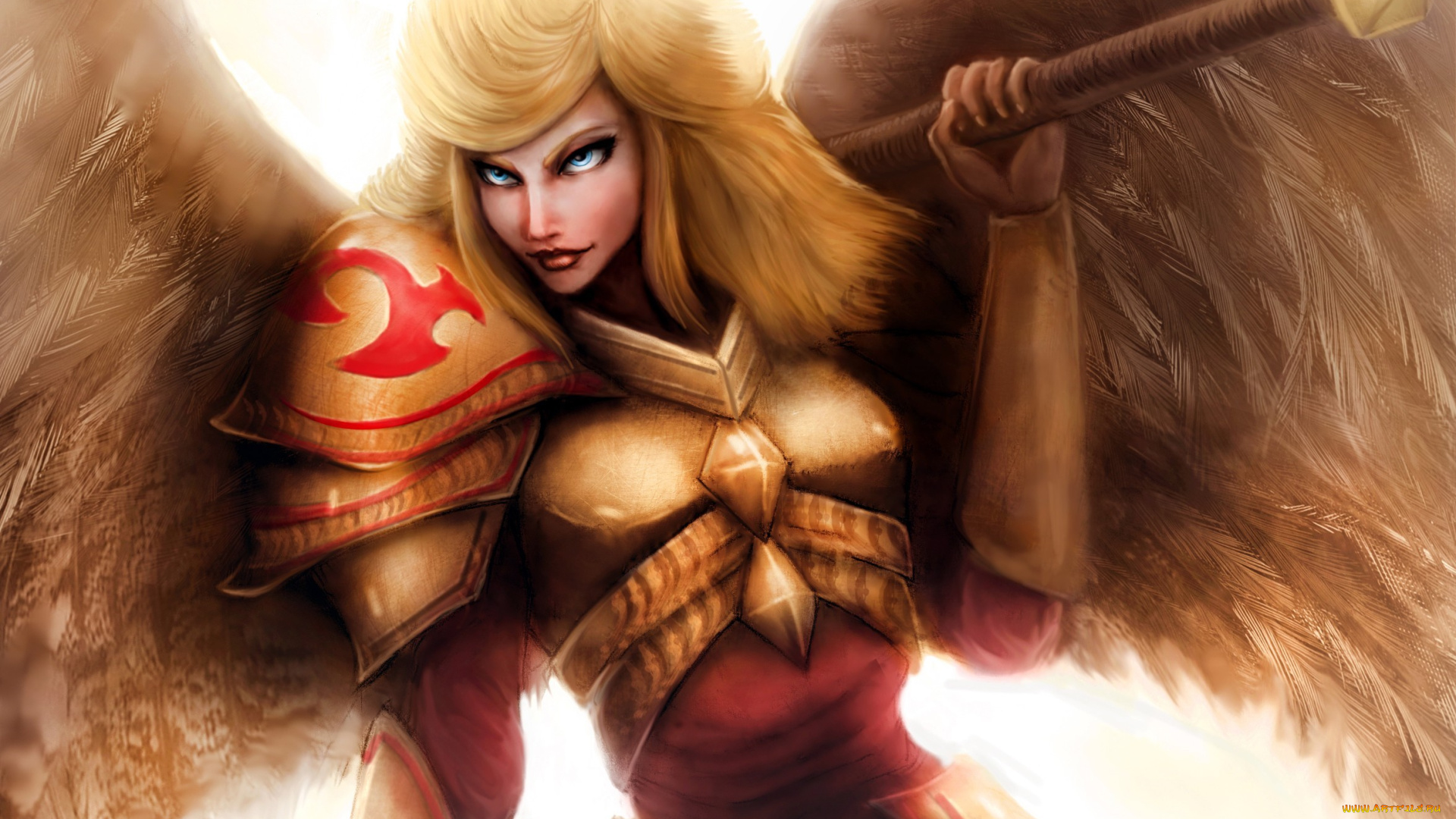 видео, игры, league, of, legends, меч, доспех, крылья, арт, девушка, league, of, legends, kayle