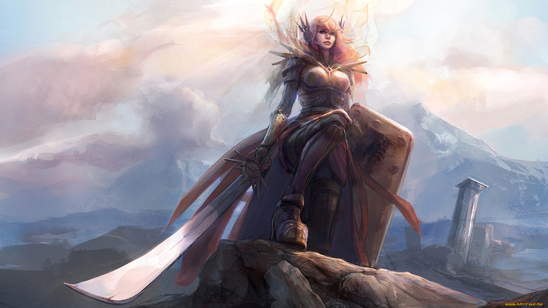 видео, игры, league, of, legends, меч, свет, горы, league, of, legends, щит, доспехи, девушка, leona, lol