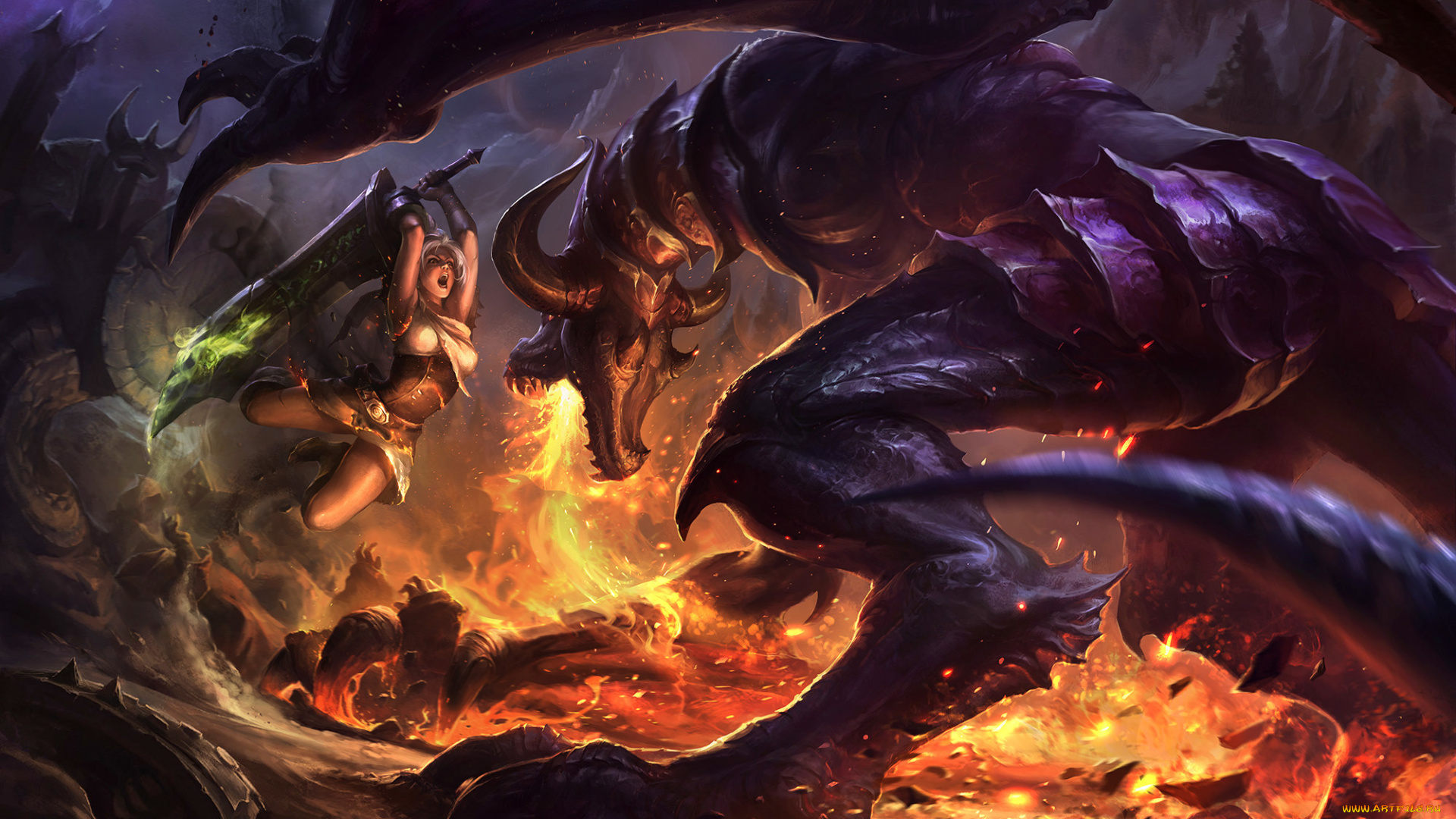 видео, игры, league, of, legends, огонь, меч, монстр, битва, девушка, riven, league, of, legends, арт