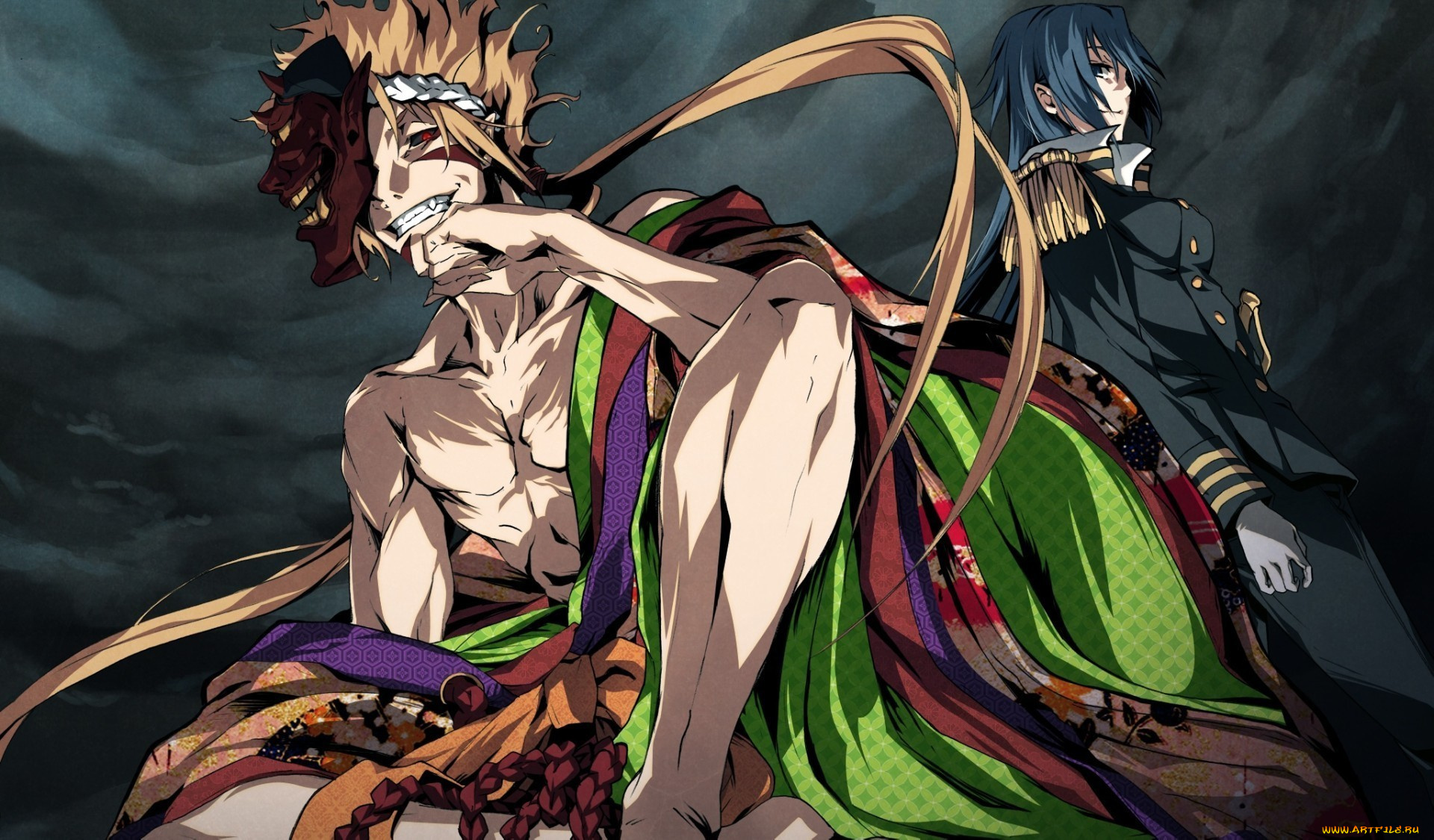 аниме, kajiri, kamui, kagura, парень, арт, g, yuusuke, kajiri, kamui, kagura, клыки, рога, облака, маска, девушка