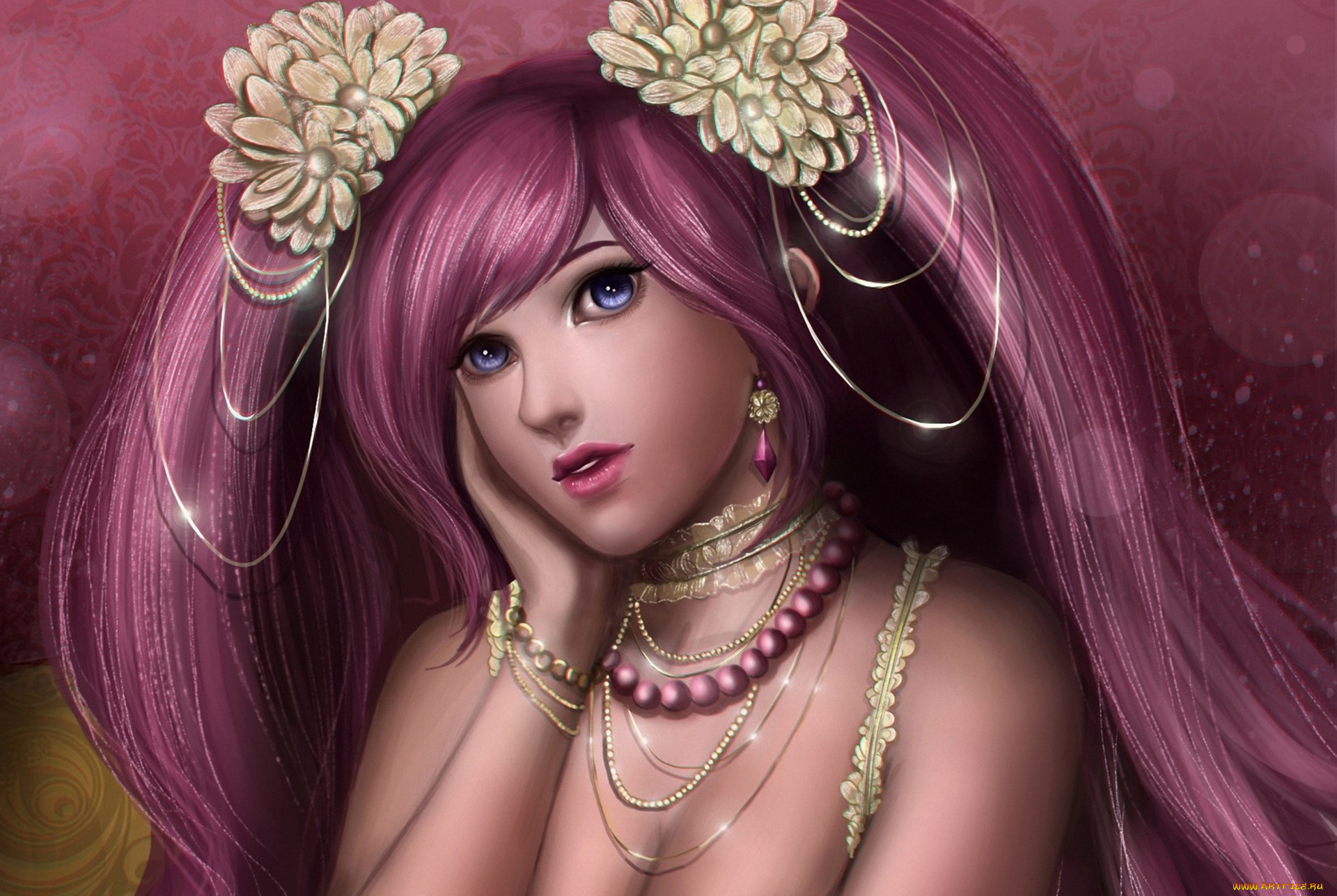 аниме, *unknown, , другое, украшения, розовые, волосы, заколки, хвостики, lilyzou, девушка, арт, бусы