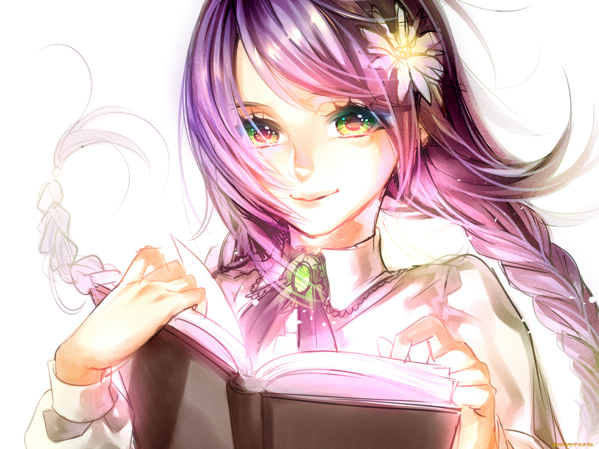 аниме, *unknown, , другое, улыбка, книга, девушка, tayuya1130, арт, цветок